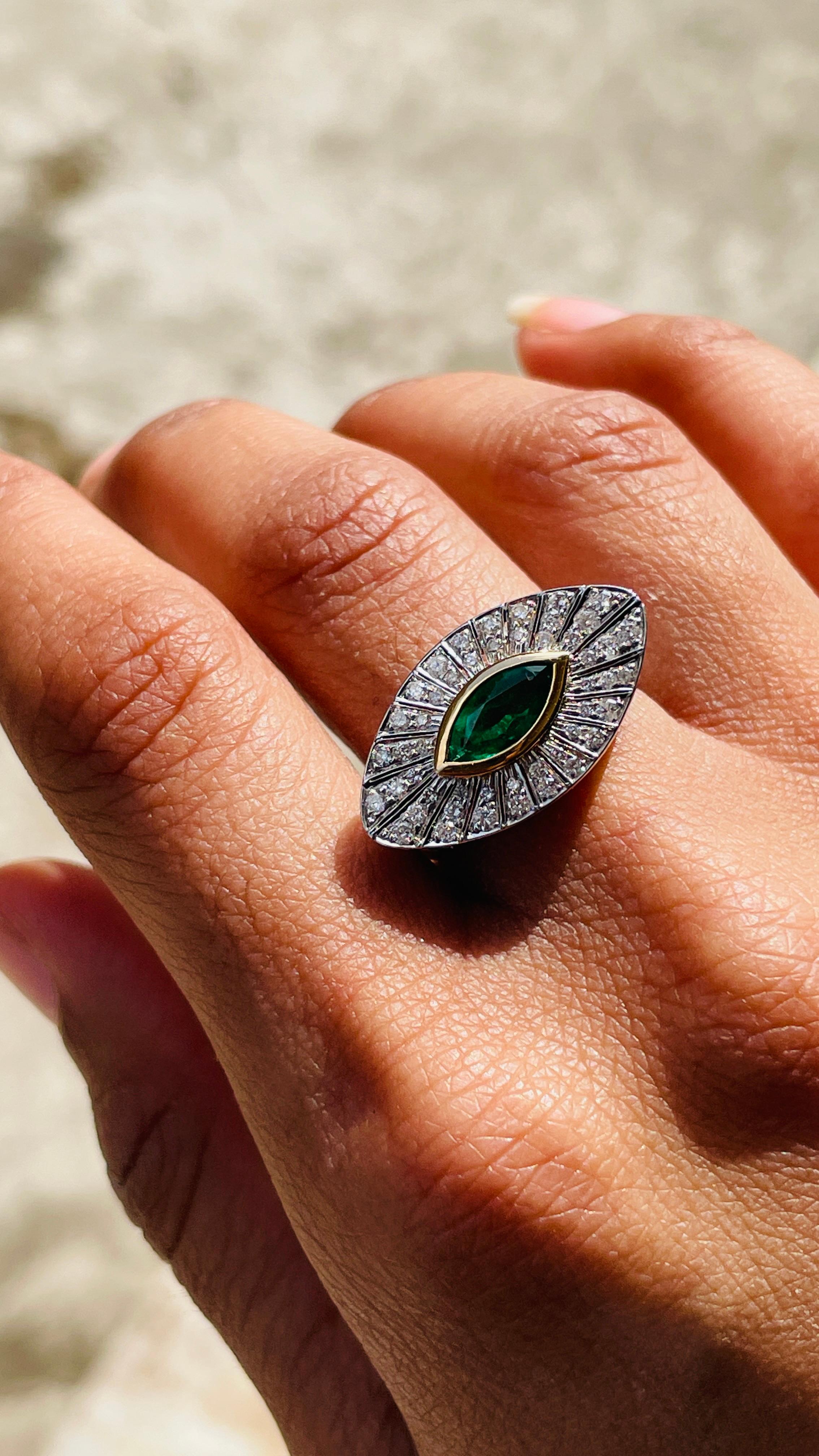 For Sale:  Big Emerald Diamond Halo Evil Eye Shape Cocktail Ring in 18k White Gold 6