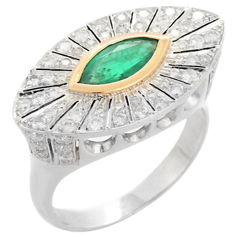 For Sale:  Big Emerald Diamond Halo Evil Eye Shape Cocktail Ring in 18k White Gold 7