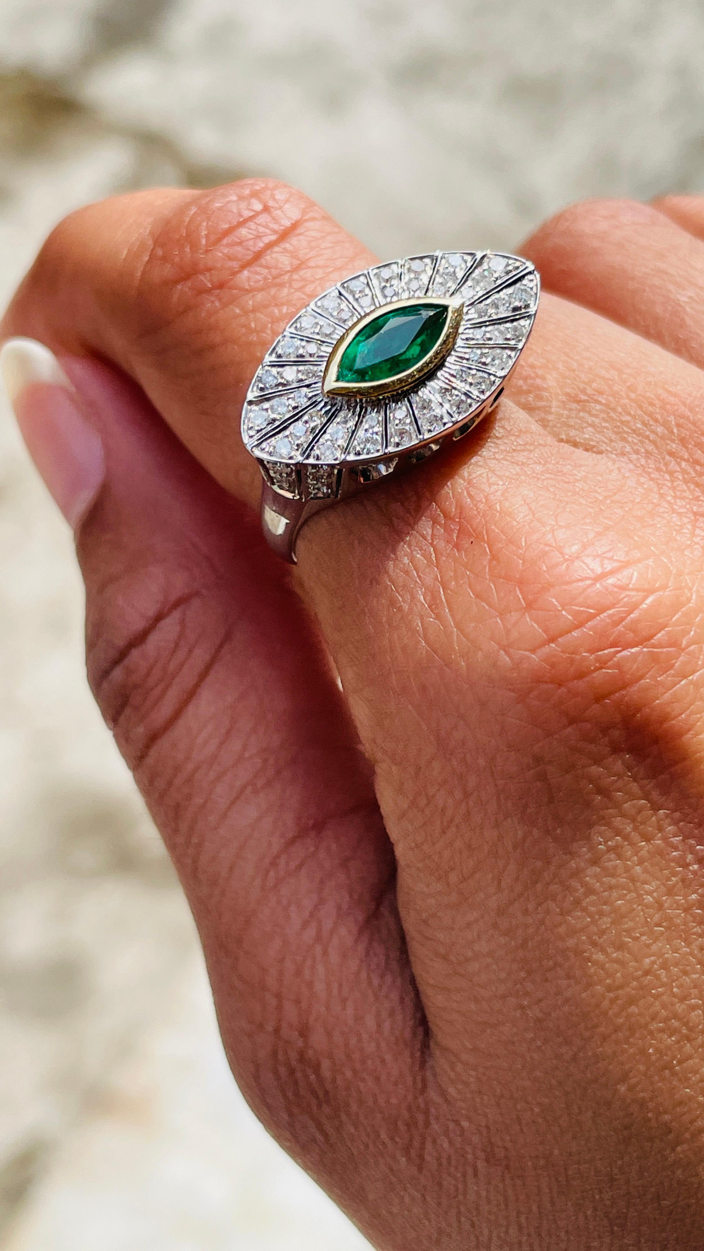 For Sale:  Big Emerald Diamond Halo Evil Eye Shape Cocktail Ring in 18k White Gold 8
