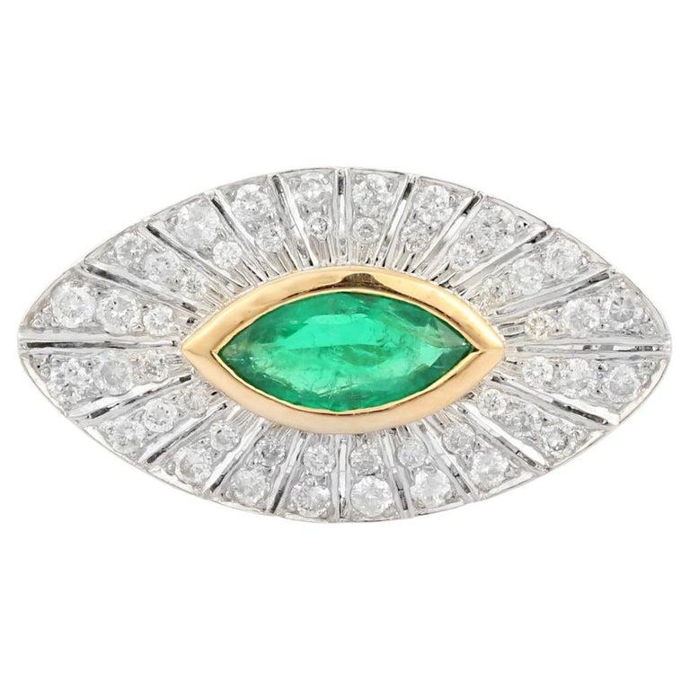 For Sale:  Big Emerald Diamond Halo Evil Eye Shape Cocktail Ring in 18k White Gold 9