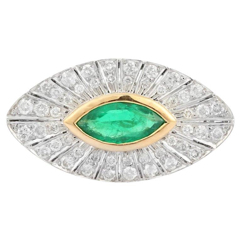 Big Emerald Diamond Halo Evil Eye Shape Cocktail Ring in 18k White Gold