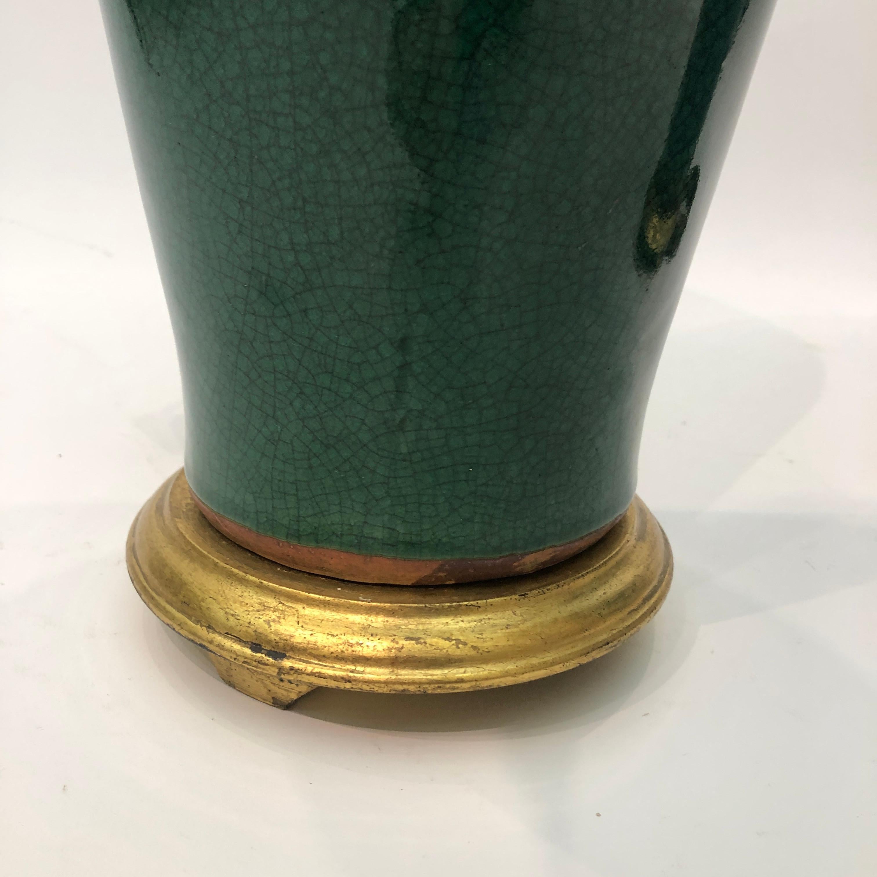 Große smaragdgrüne Craquelé-Tischlampe aus Keramik, Mid-Century Modern, 1970er Jahre, vergoldet im Angebot 6