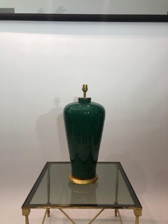Big Emerald Green Crackled Ceramic Table Lamp Mid-Century Modern 1970s gilded