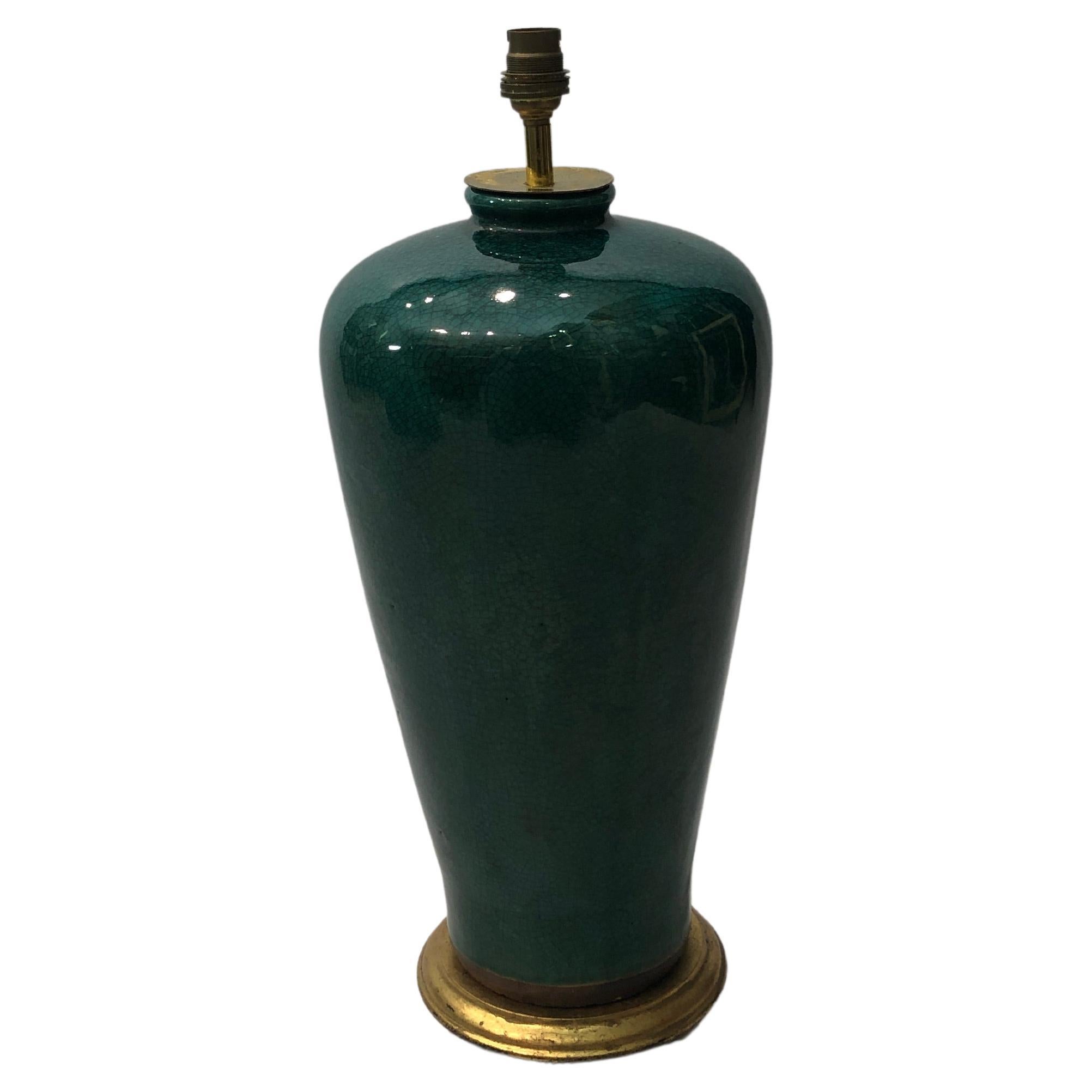 Big Emerald Green Crackled Ceramic Table Lamp Mid-Century Modern 1970s gilded