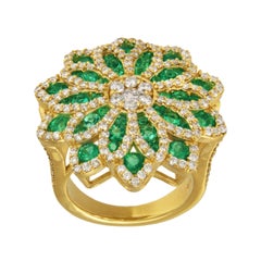 Big Fancy Flower Shaped with Diamonds & Columbian Emeralds Ring