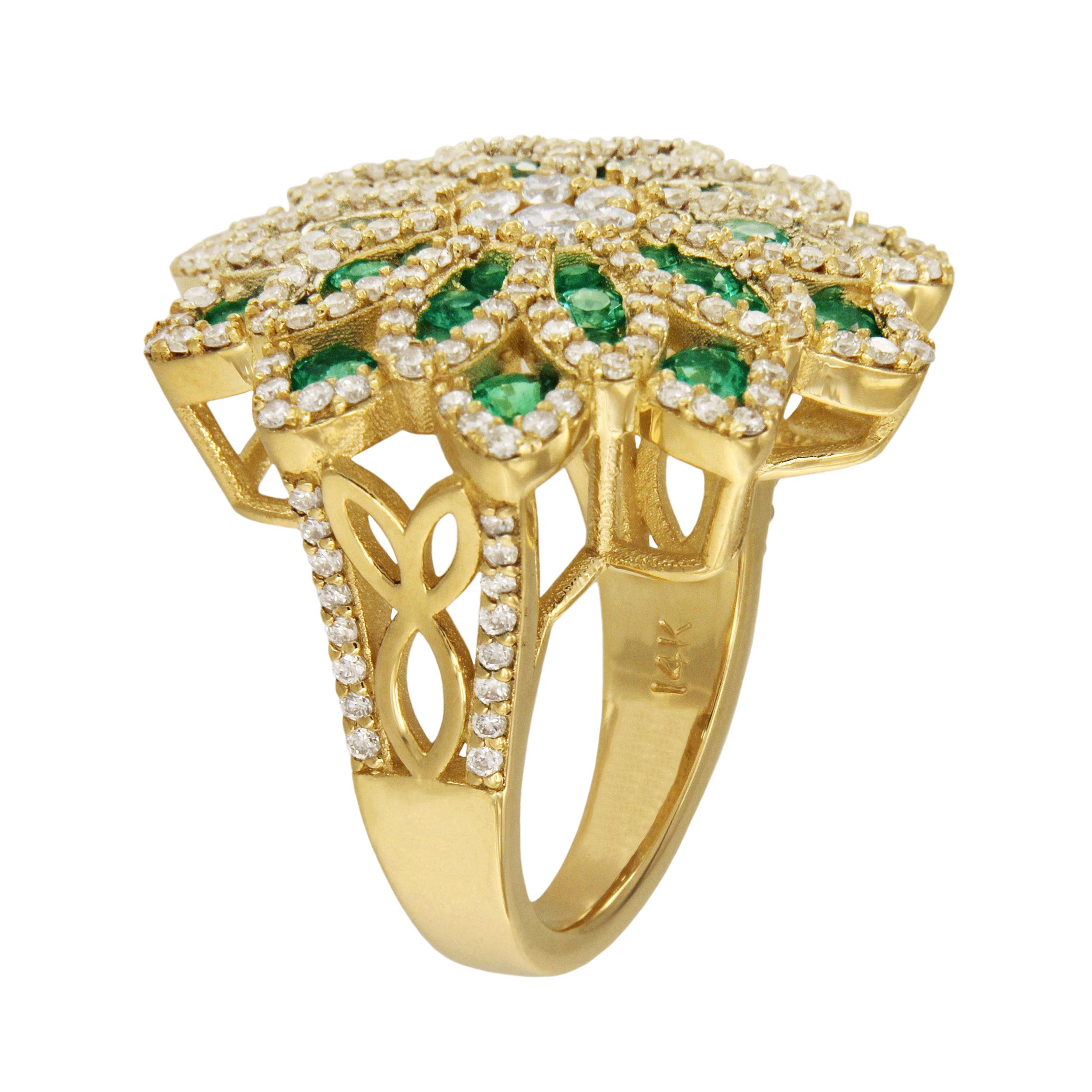 Women's Big Fancy Flower Shaped with Diamonds & Columbian Emeralds Ring For Sale