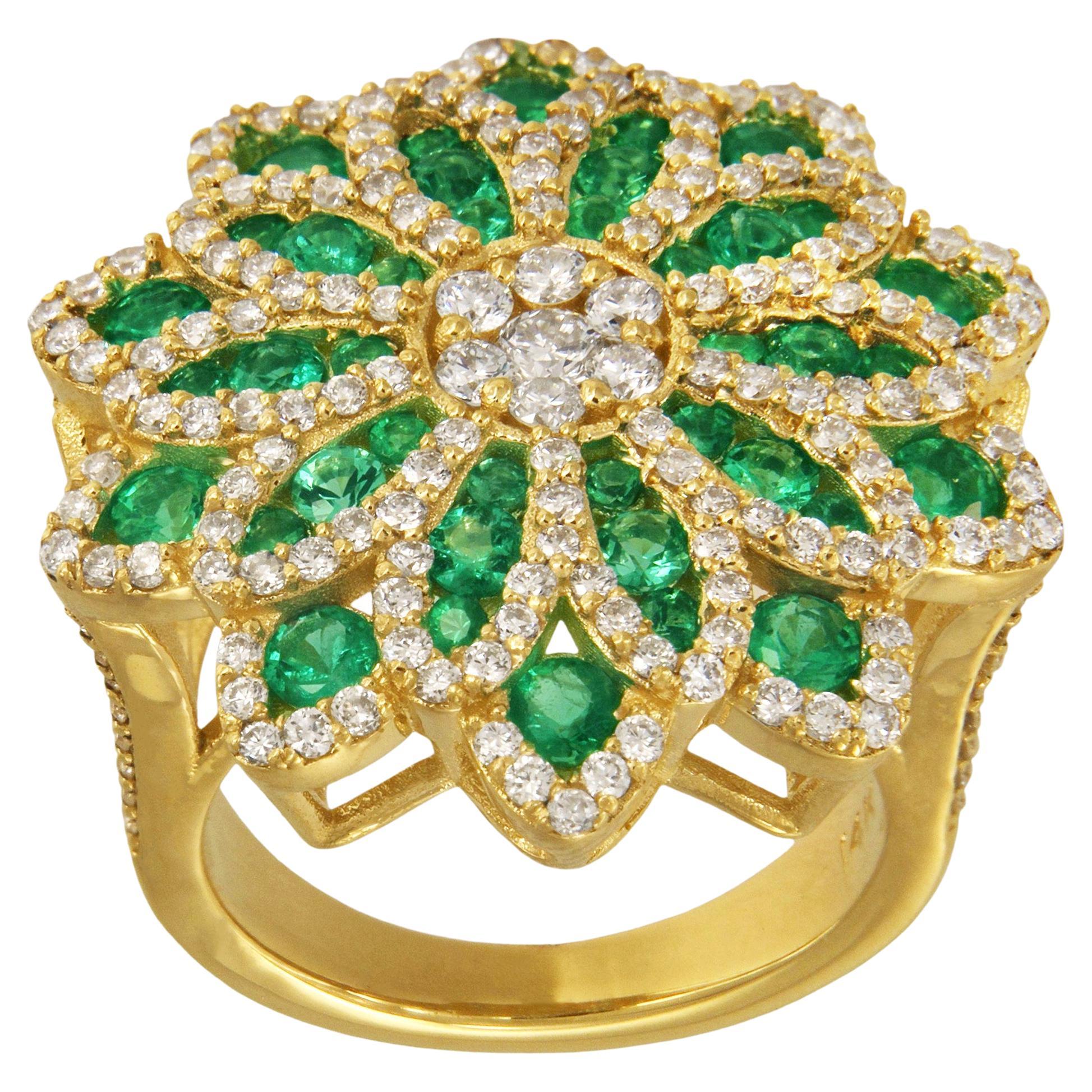 Big Fancy Flower Shaped with Diamonds & Columbian Emeralds Ring For Sale