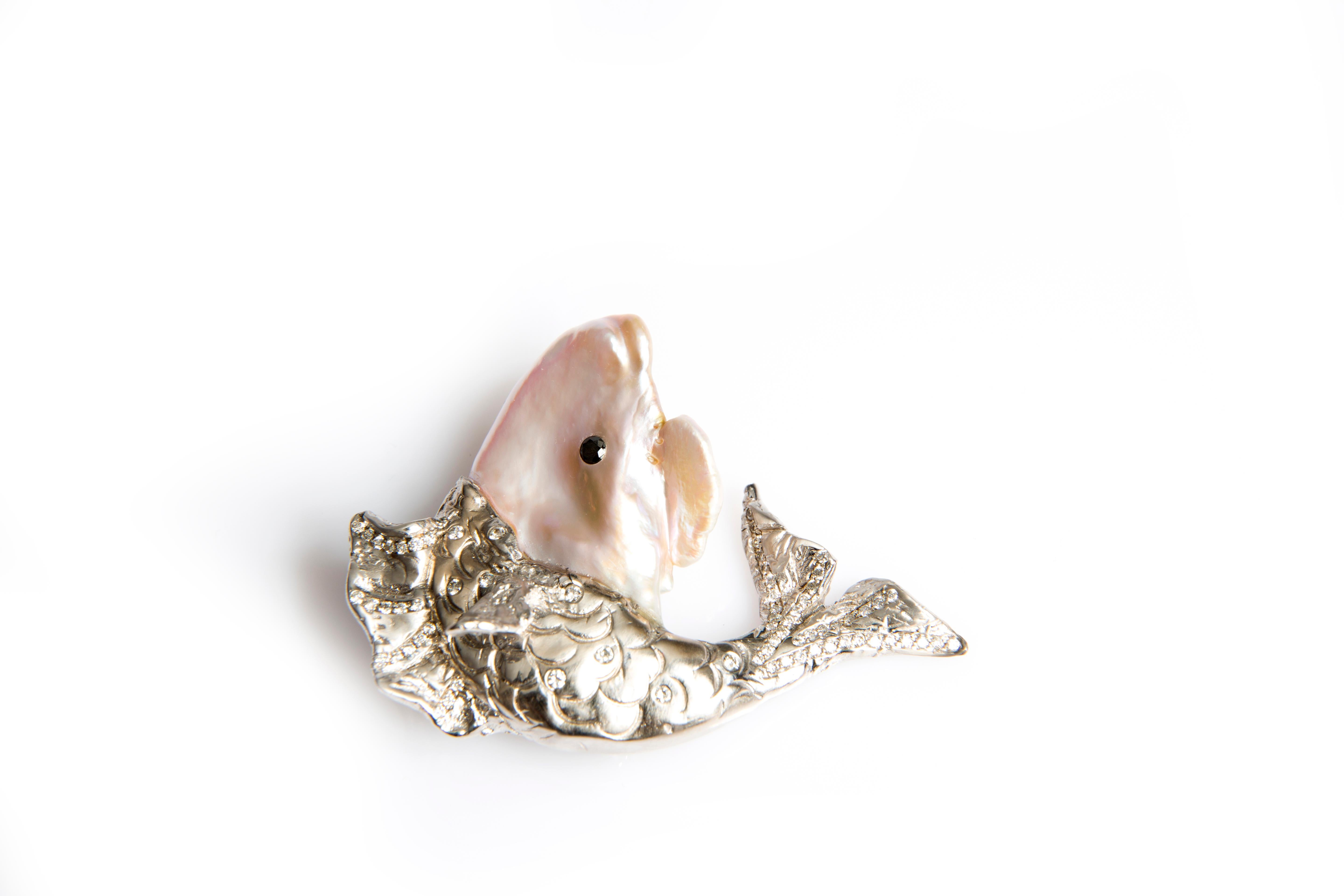Contemporary Big Fish, Cultured Pearl, Black and White Diamonds in White Gold 18 Karat Brooch For Sale