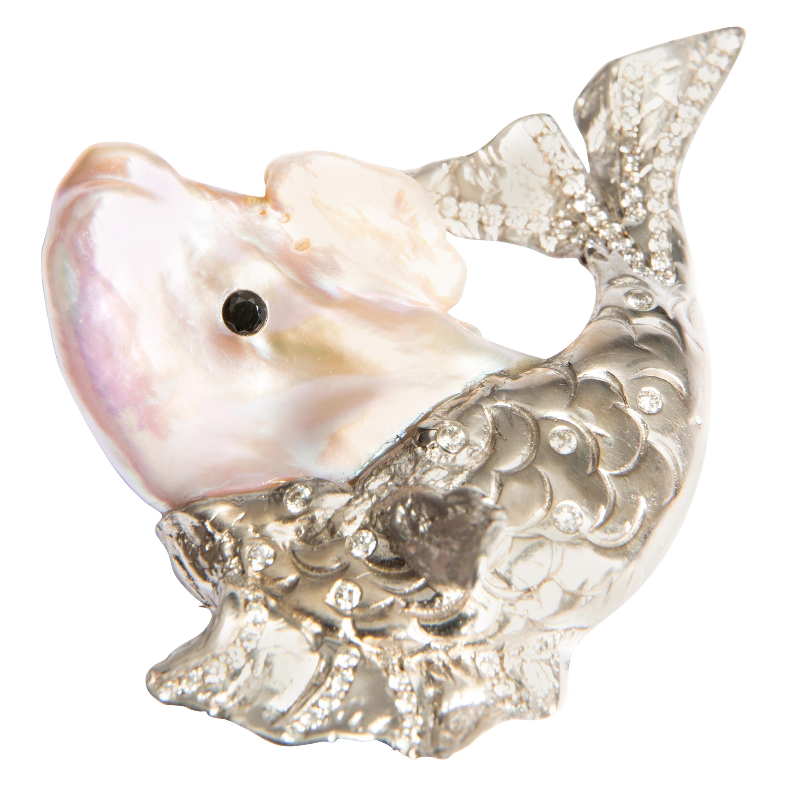 Big Fish, Cultured Pearl, Black and White Diamonds in White Gold 18 Karat Brooch For Sale