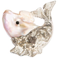 Big Fish, Cultured Pearl, Black and White Diamonds in White Gold 18 Karat Brooch