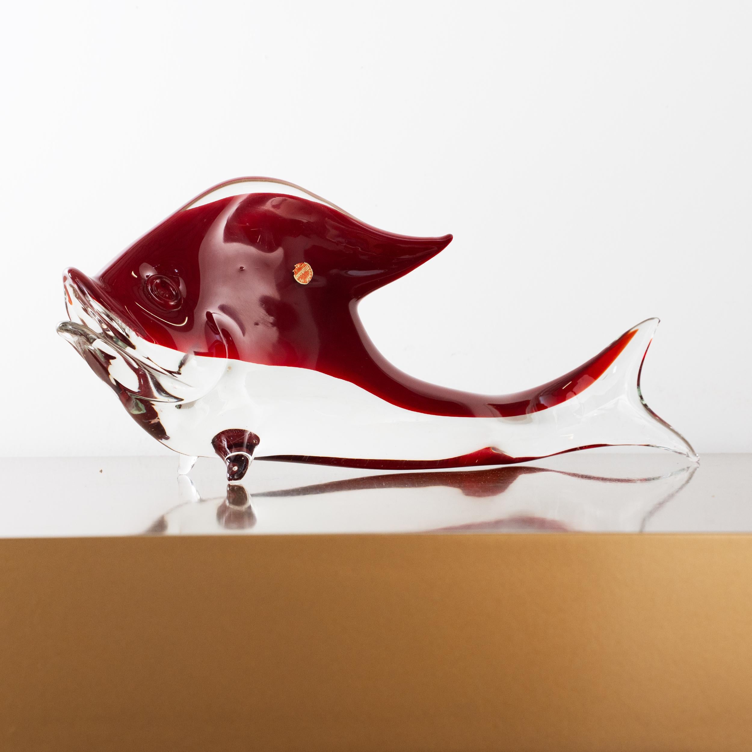 Italian Big Fish Sculpture in red Murano art glass with crystal details, Italy in stock For Sale