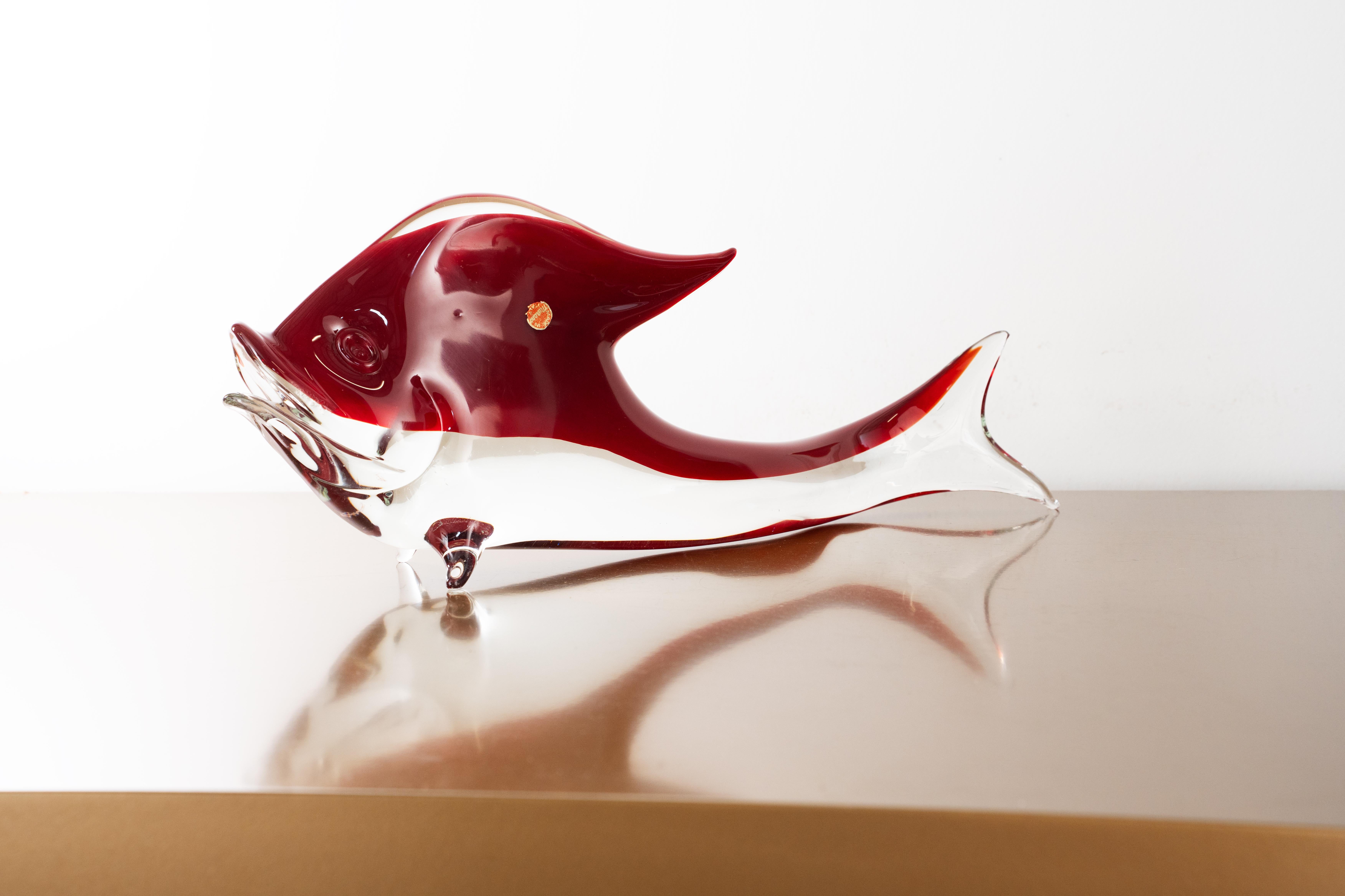 Hand-Crafted Big Fish Sculpture in red Murano art glass with crystal details, Italy in stock For Sale