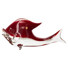 Big Fish Sculpture in red Murano art glass with crystal details, Italy in stock
