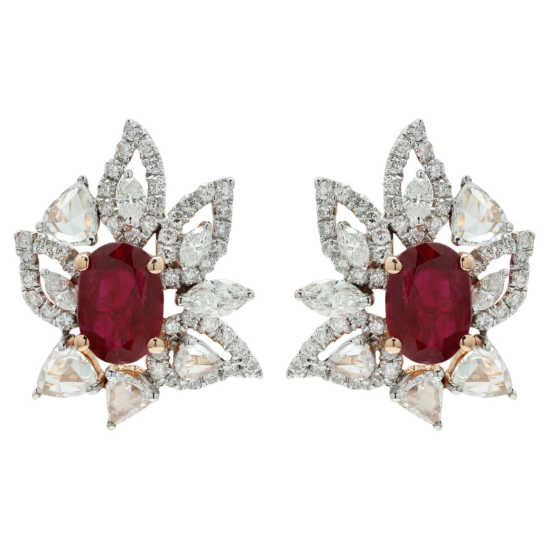 Big Floral Clip-On Studs Earring with Brilliant Ruby & Diamonds in 14k Rose Gold