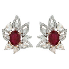Big Floral Clip-On Studs Earring with Brilliant Ruby & Diamonds in 14k Rose Gold