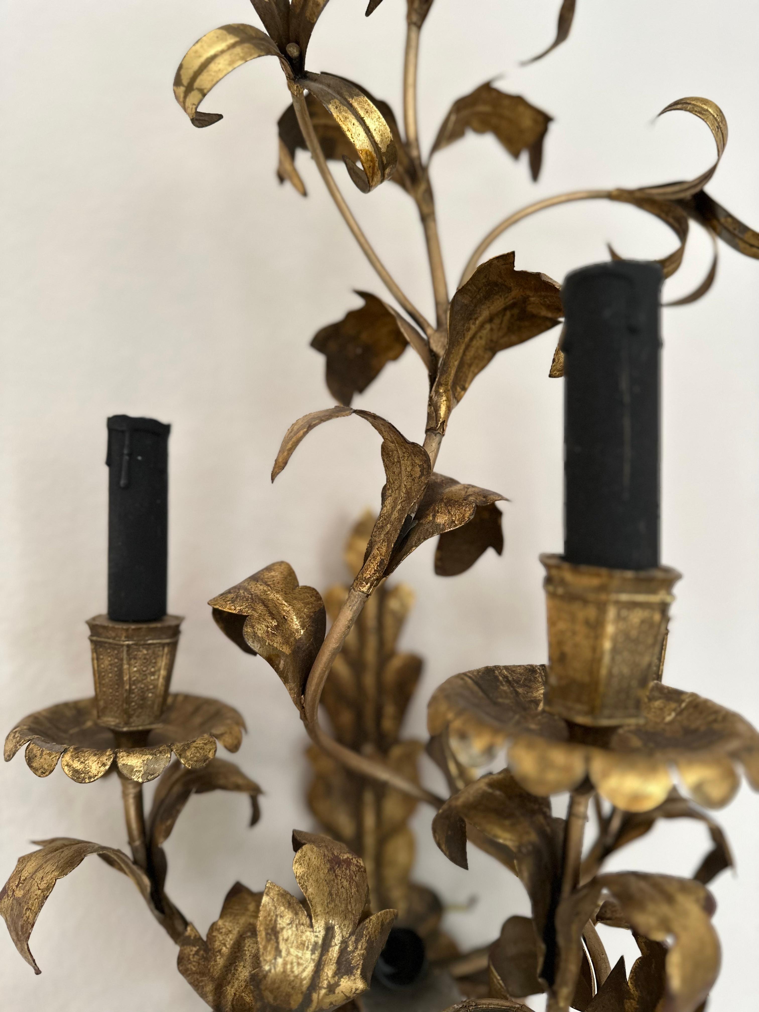 Metal Big Floral Florentine Gilded Wall Lamp For Sale