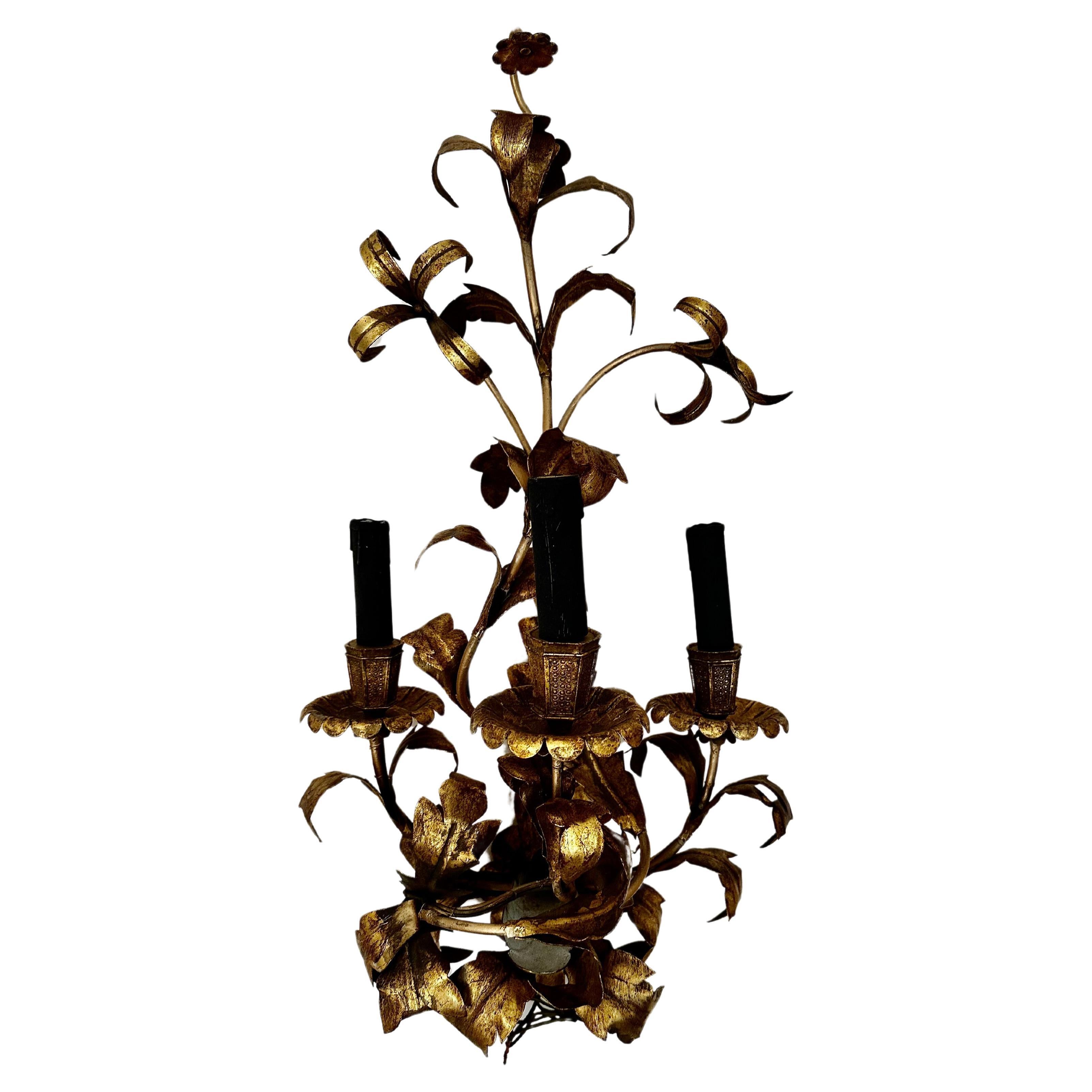 Big Floral Florentine Gilded Wall Lamp For Sale