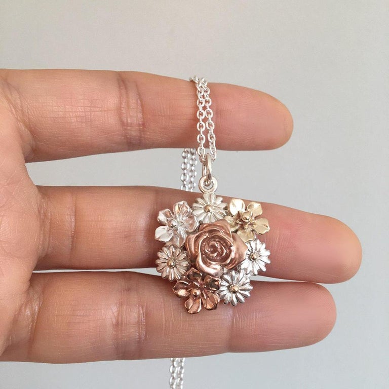 Big Flower Bouquet Necklace/ 9CT Gold and Silver For Sale at 1stDibs