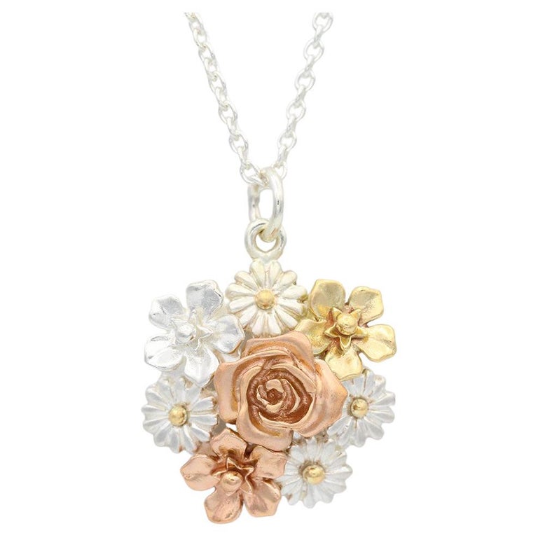 Big Flower Bouquet Necklace/ 9CT Gold and Silver For Sale at 1stDibs