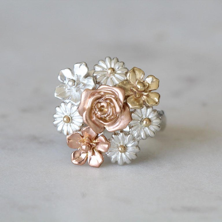 Customizable Big Flower Bouquet Ring/ 9CT Gold and Silver For Sale at