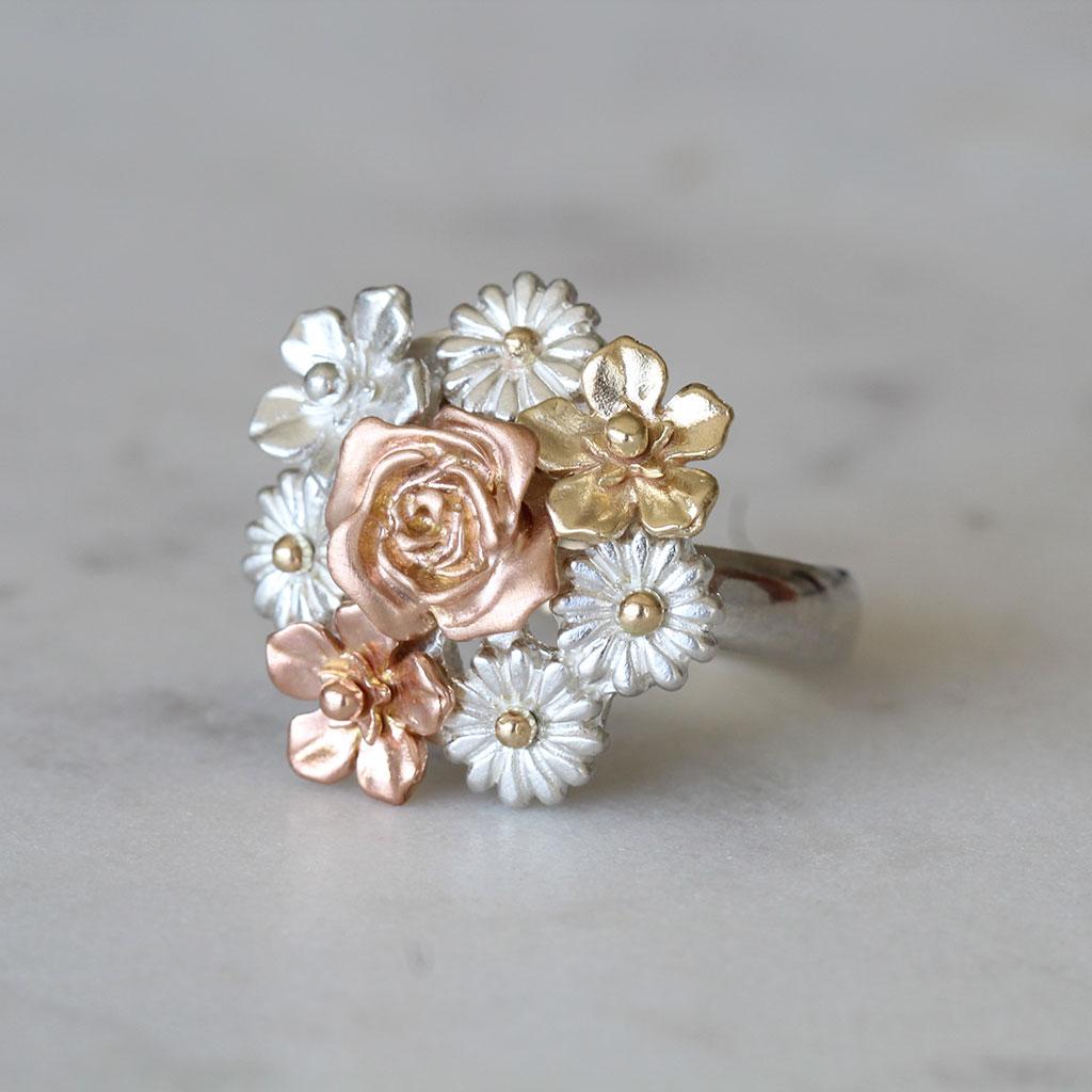 For Sale:  Big Flower Bouquet Ring/ 9CT Gold and Silver 6