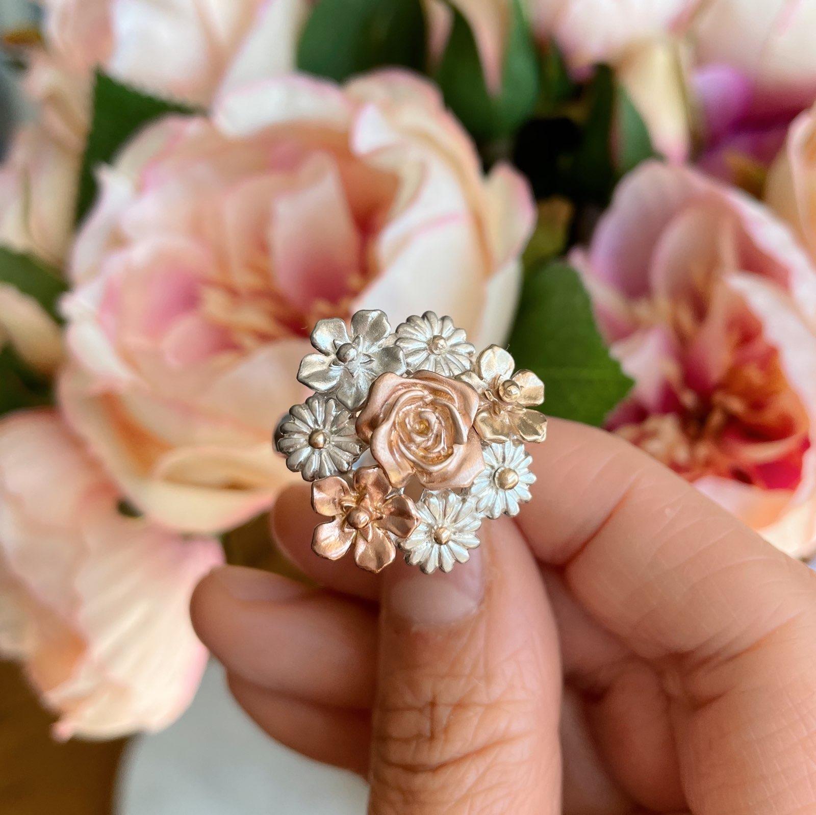 For Sale:  Big Flower Bouquet Ring/ 9CT Gold and Silver 8