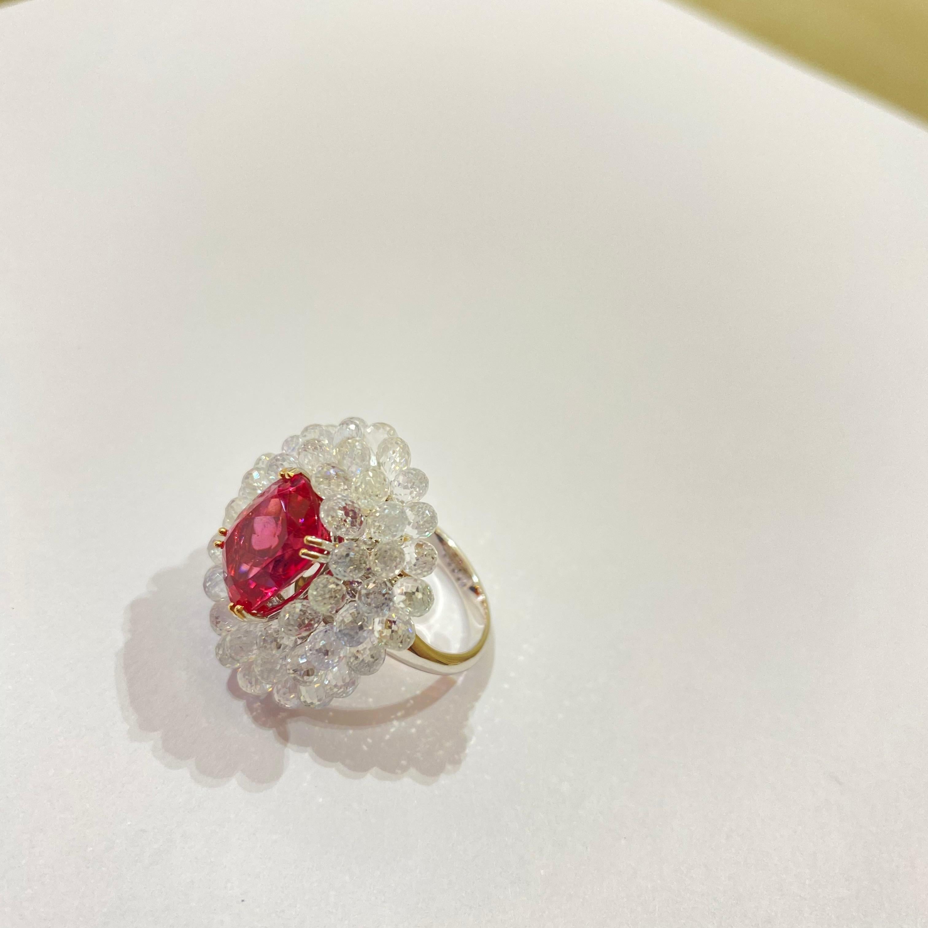 Neoclassical Big Flower Ring 18 Karat Gold with Red Tourmamline and White Sapphires Drops For Sale