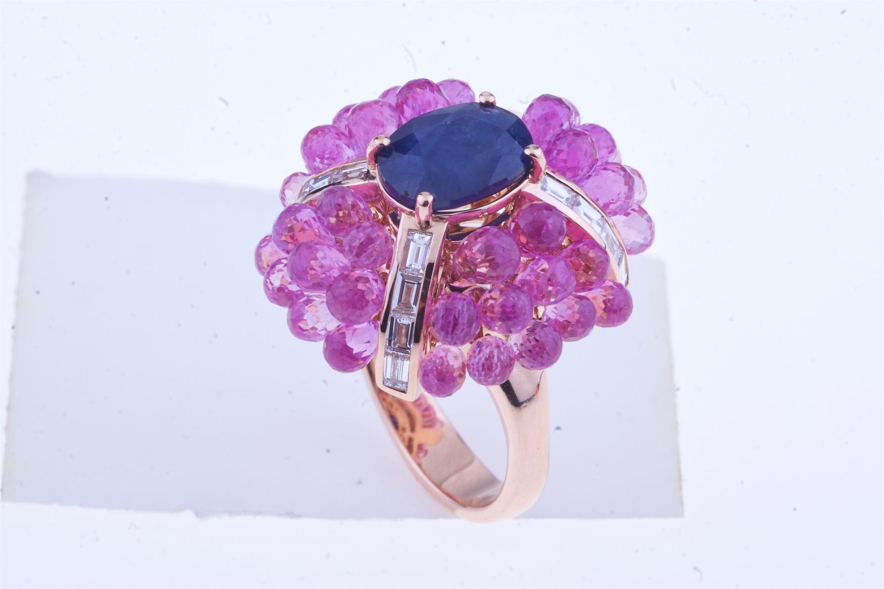 Neoclassical Big Flower Ring Gold Oval Blue Sapphire, Pink Sapphires, Baguette Diamonds For Sale