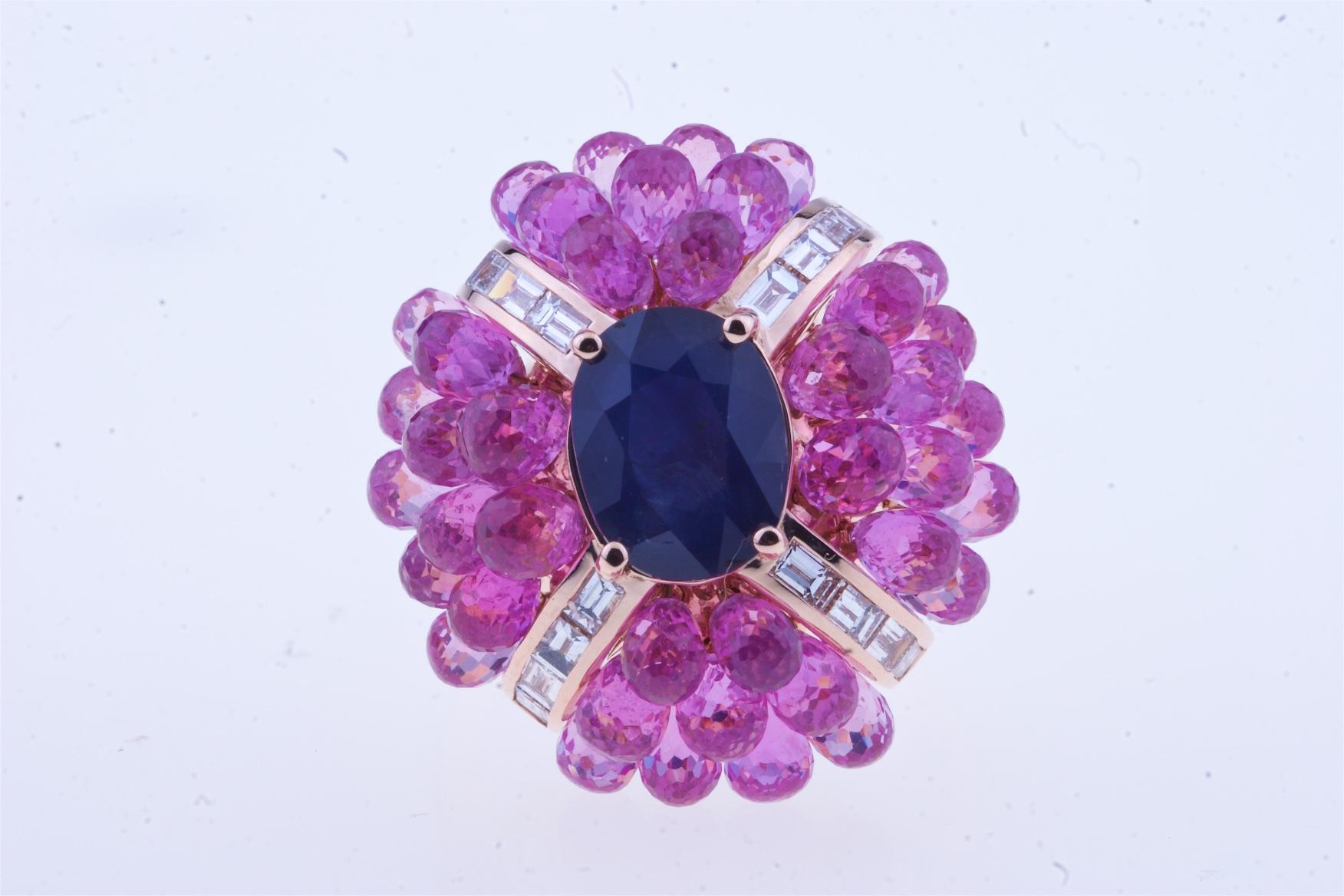 Oval Cut Big Flower Ring Gold Oval Blue Sapphire, Pink Sapphires, Baguette Diamonds For Sale