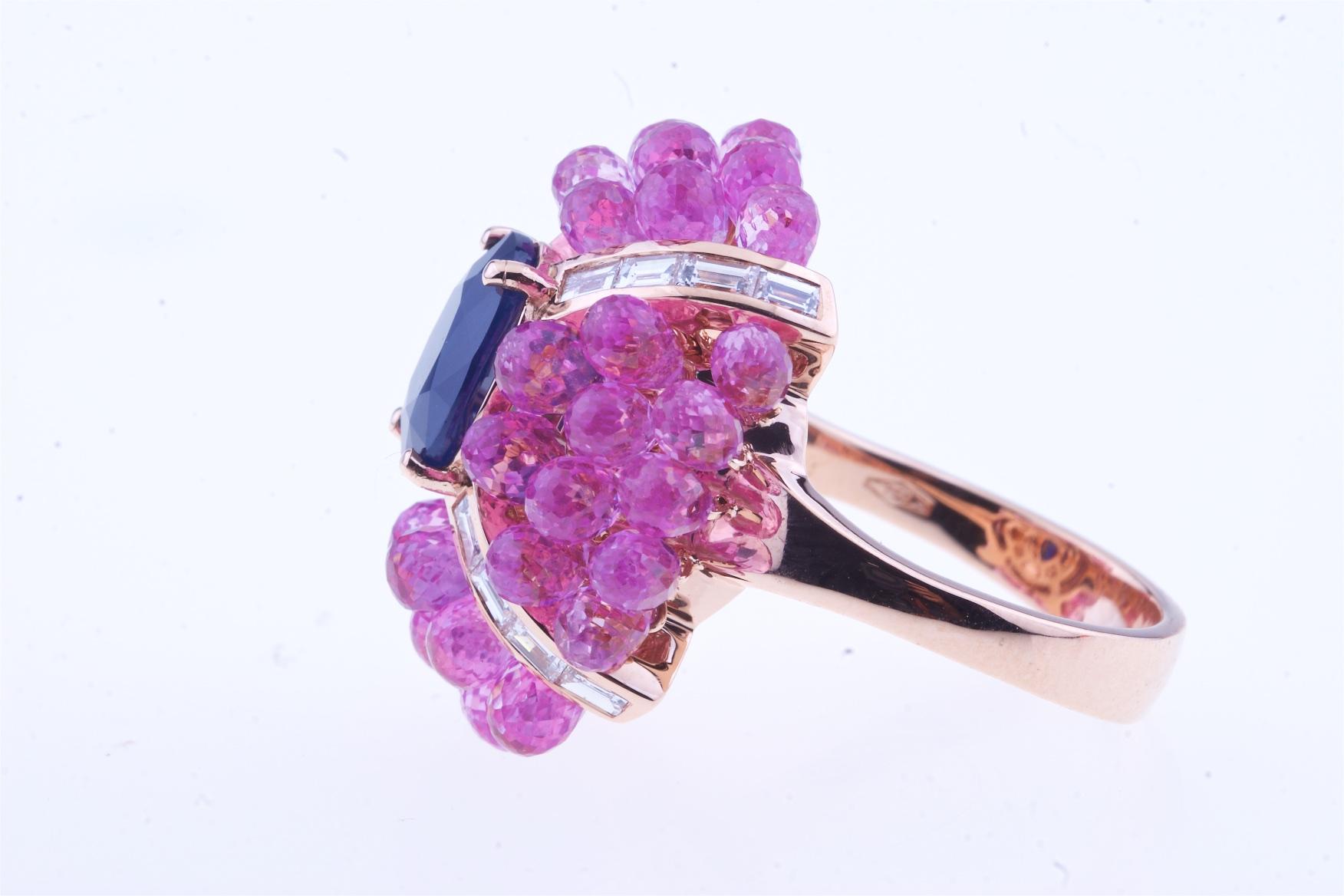 Big Flower Ring Gold Oval Blue Sapphire, Pink Sapphires, Baguette Diamonds In New Condition For Sale In Roma, IT