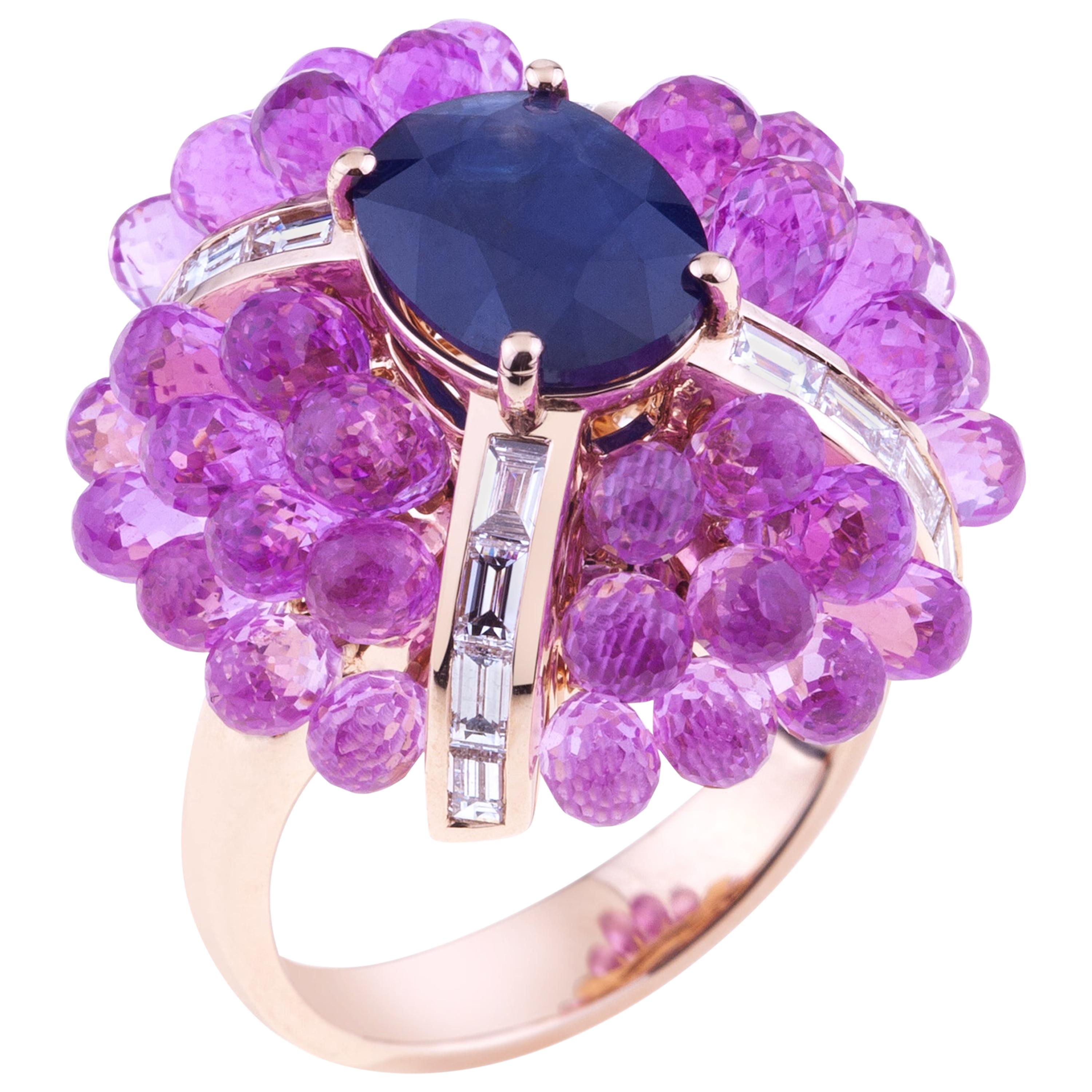 Big Flower Ring Gold Oval Blue Sapphire, Pink Sapphires, Baguette Diamonds
