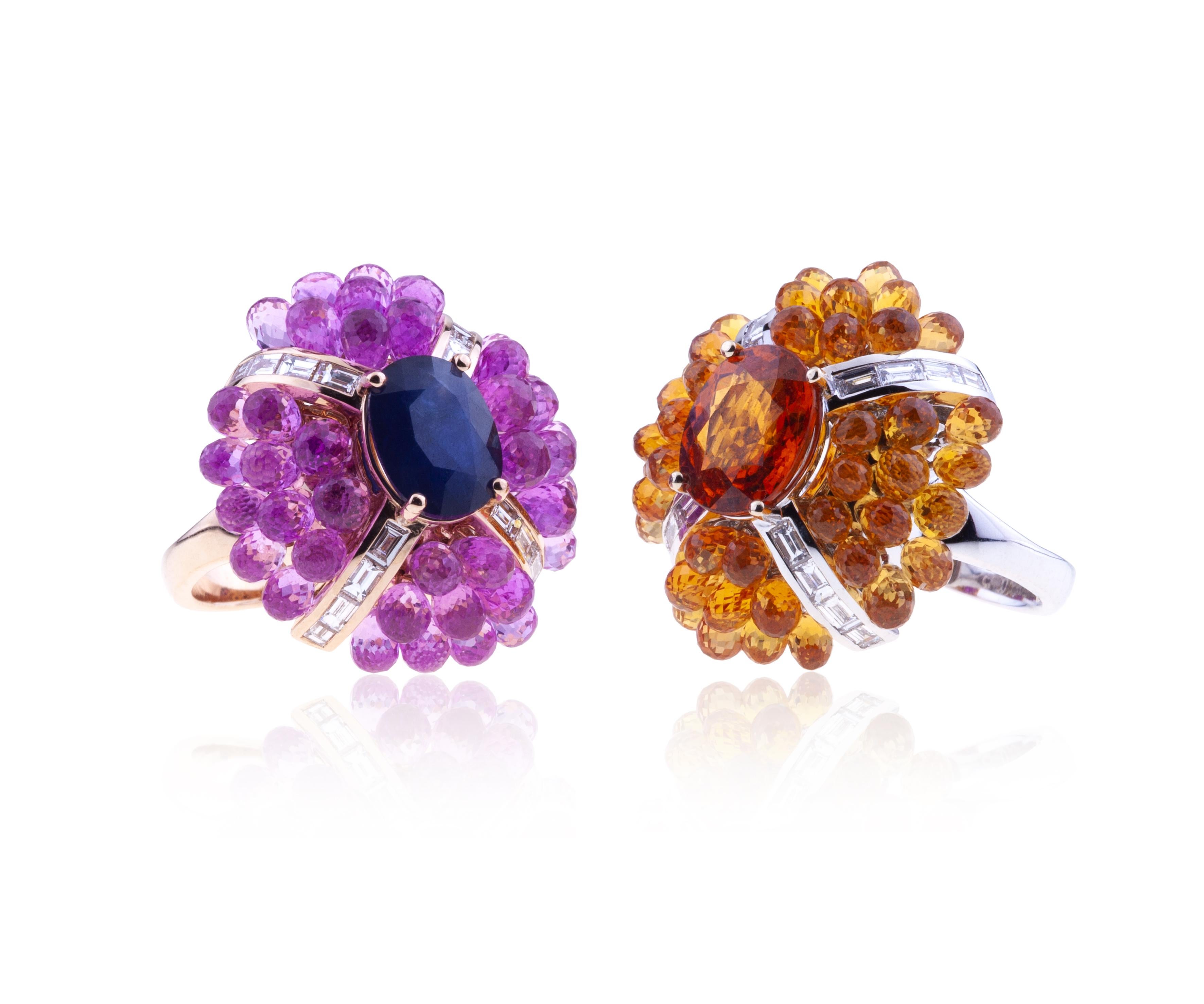 Big Flower Happy Ring 18kt Gold With a Oval Mandarin Granat, Pear Orange Sapphires and Baguette Diamonds.
This coloured ring transmit Happiness to ladies who will wear it, together with preciousness deriving from a cascade of natural orange