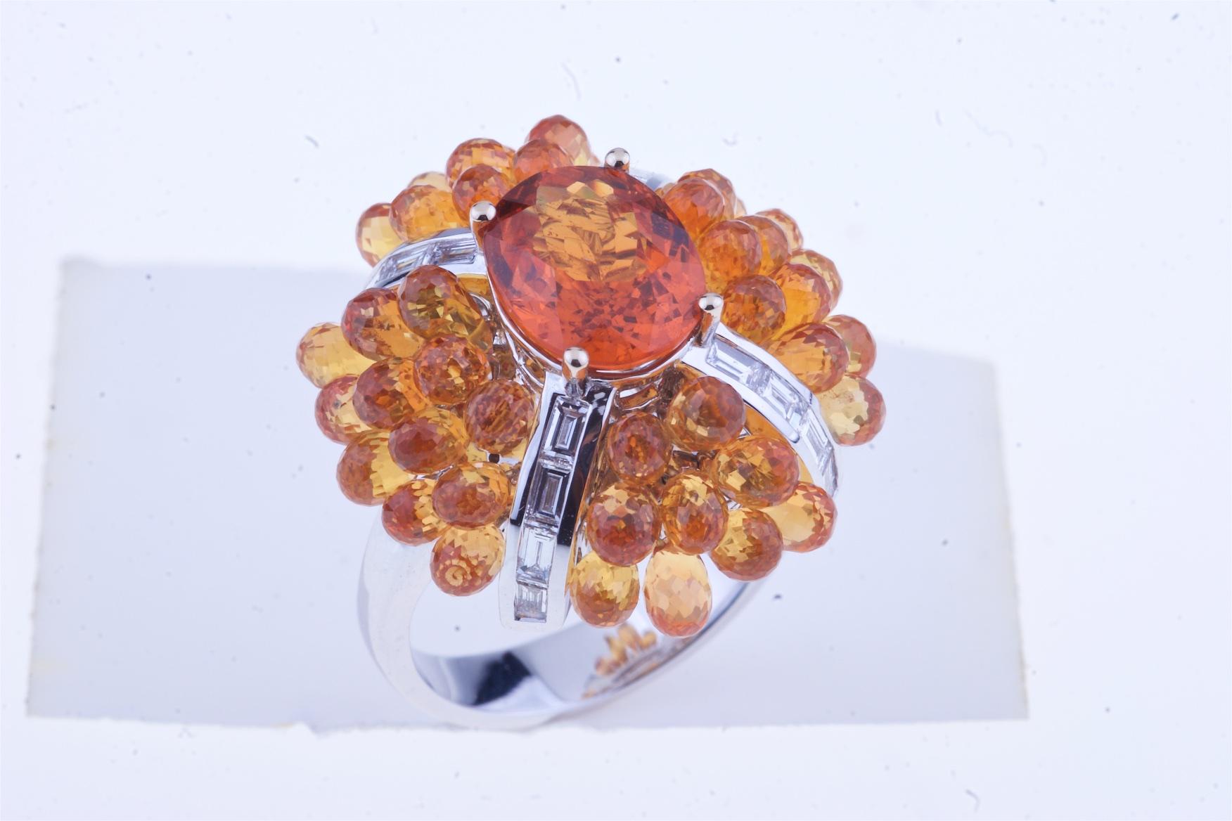 Neoclassical Big Flower Ring Gold, Oval Mandarin Granat, Orange Sapphires, Baguette Diamonds For Sale