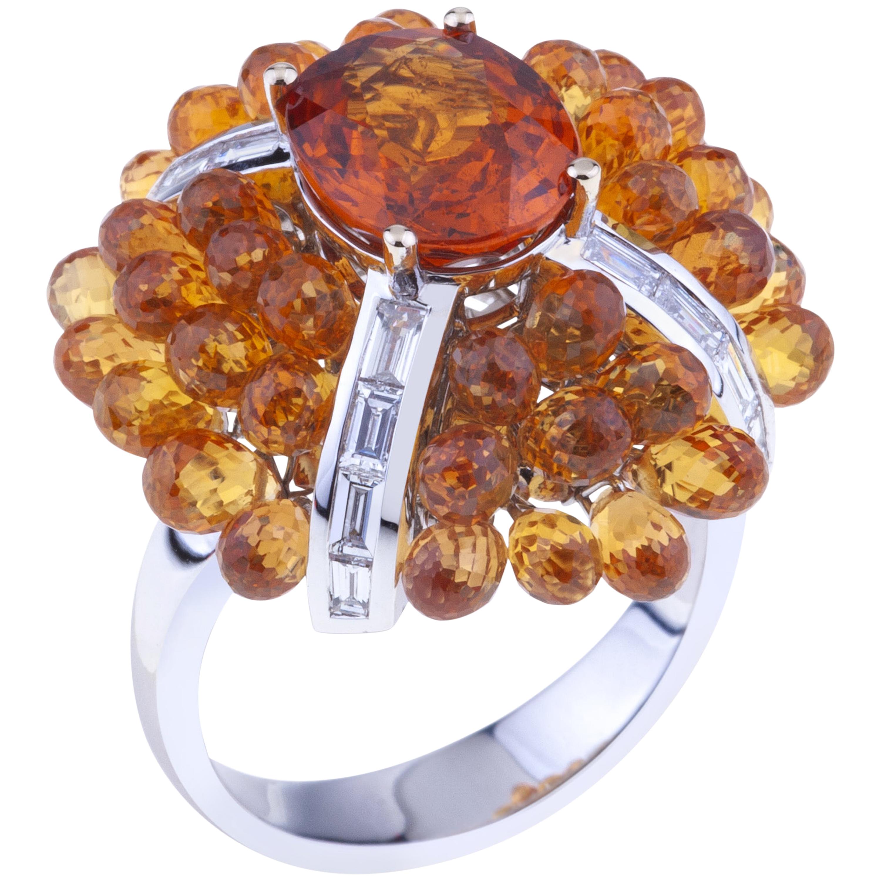 Big Flower Ring Gold, Oval Mandarin Granat, Orange Sapphires, Baguette Diamonds For Sale