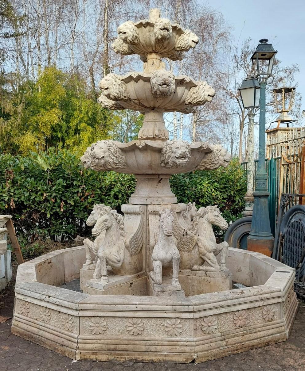 Hand-Carved Big Fountain in Travertine Stone, Richly Carved with Rampant Horses, 1980 Italy