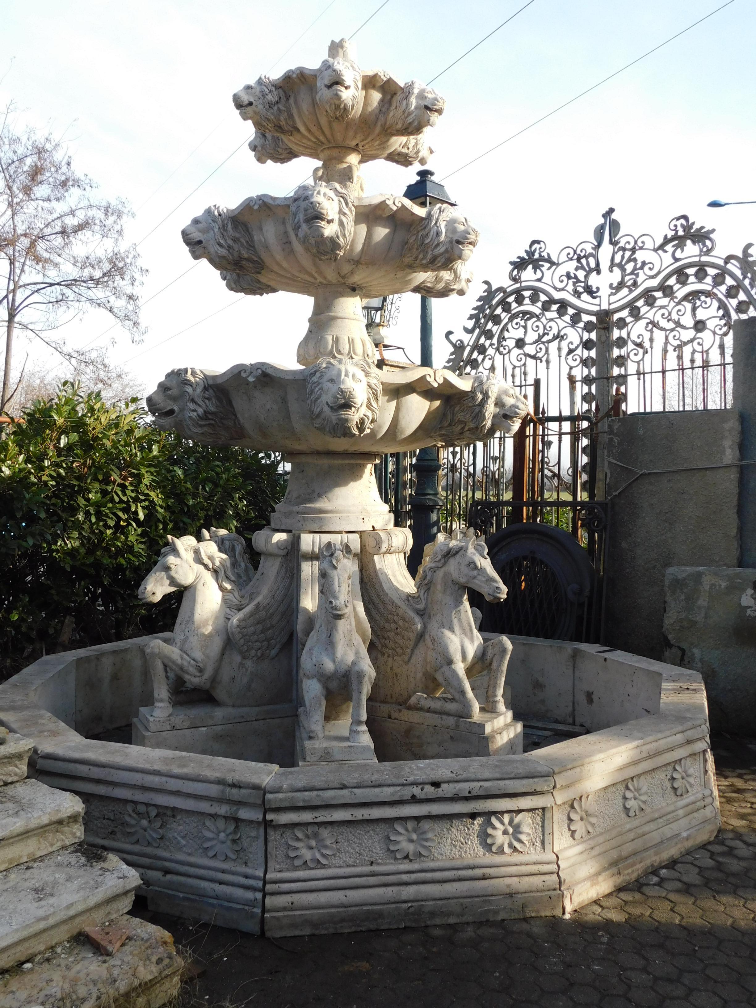 Big Fountain in Travertine Stone, Richly Carved with Rampant Horses, 1980 Italy In Good Condition In Cuneo, Italy (CN)