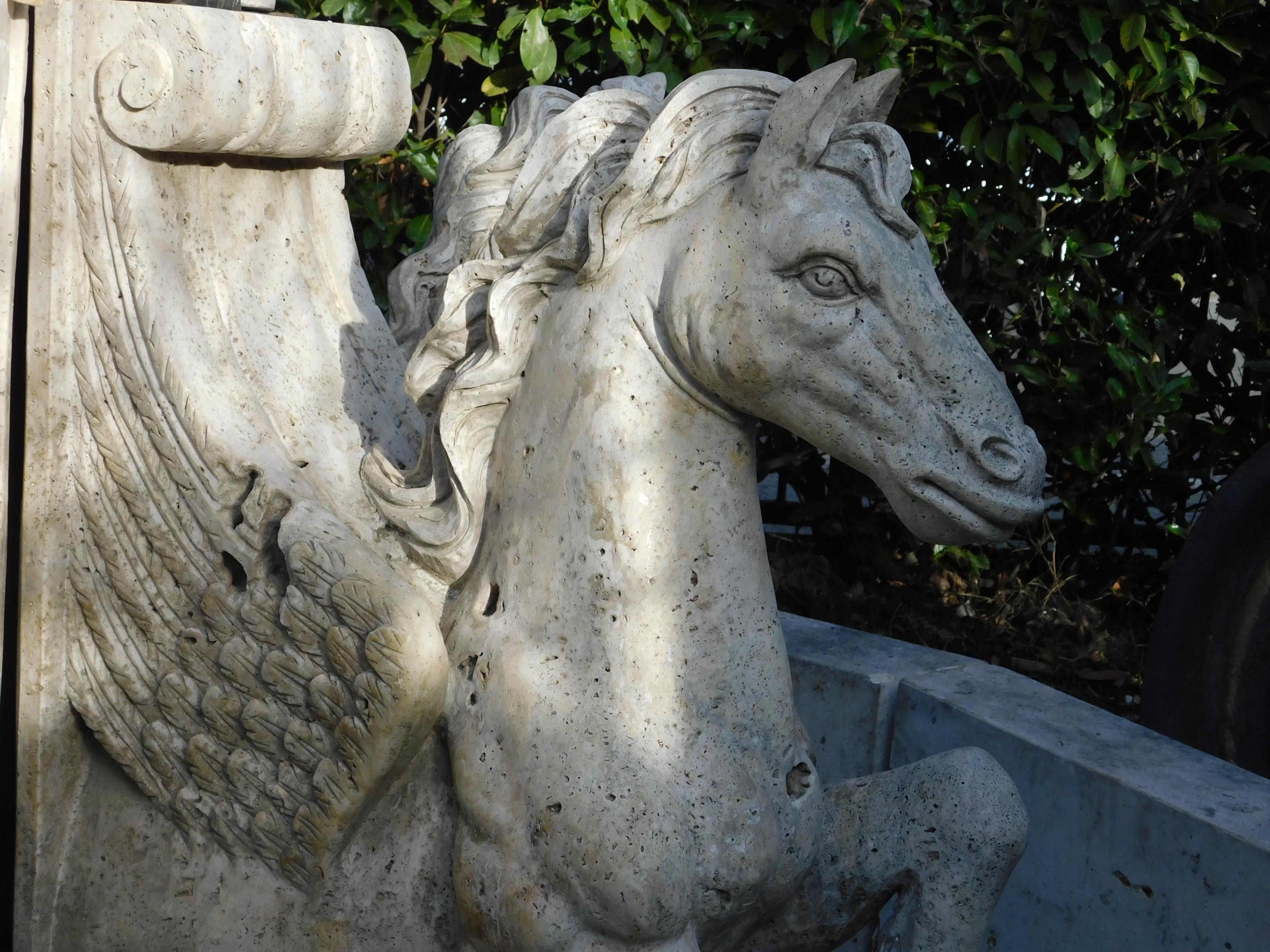 Big Fountain in Travertine Stone, Richly Carved with Rampant Horses, 1980 Italy 2