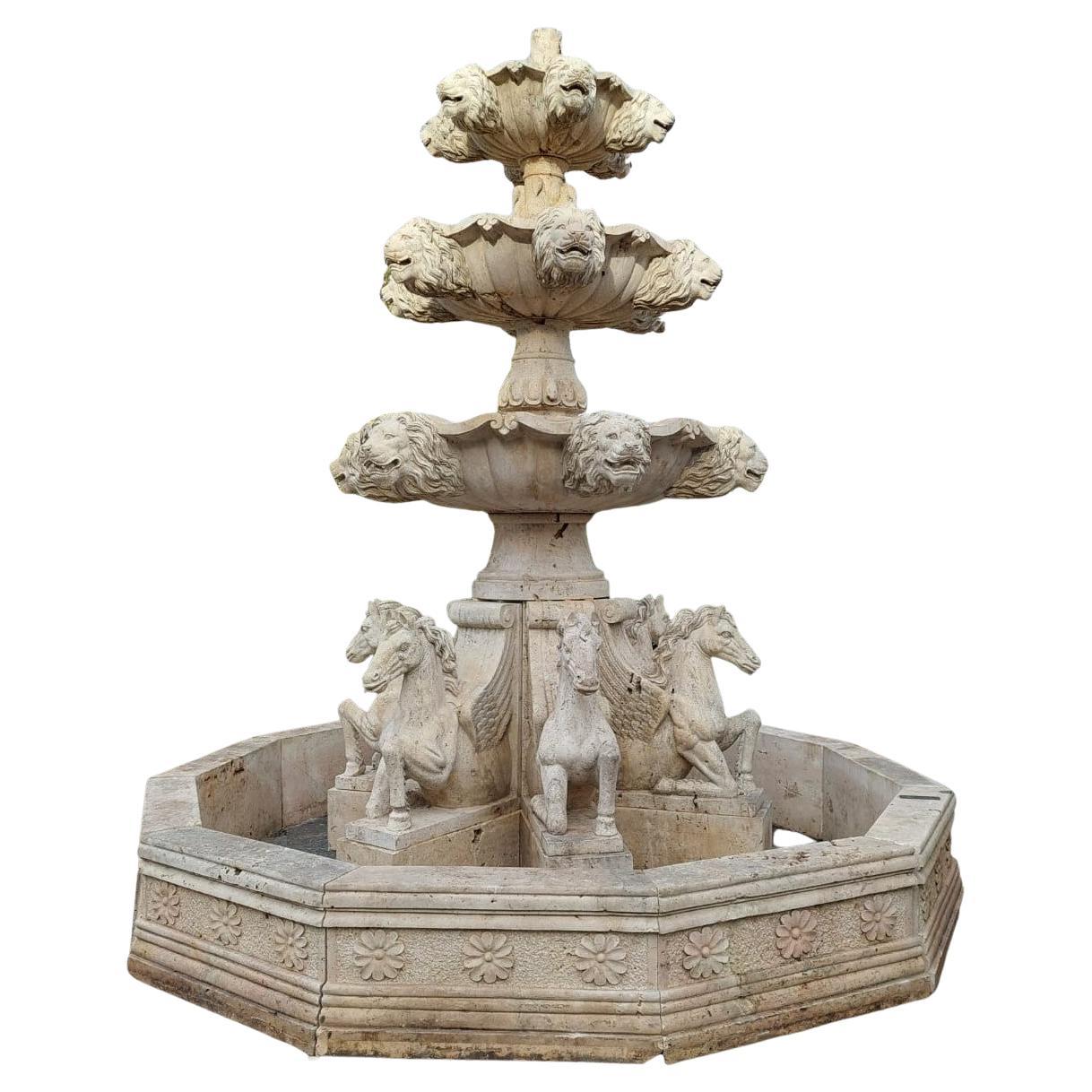 Big Fountain in Travertine Stone, Richly Carved with Rampant Horses, 1980 Italy