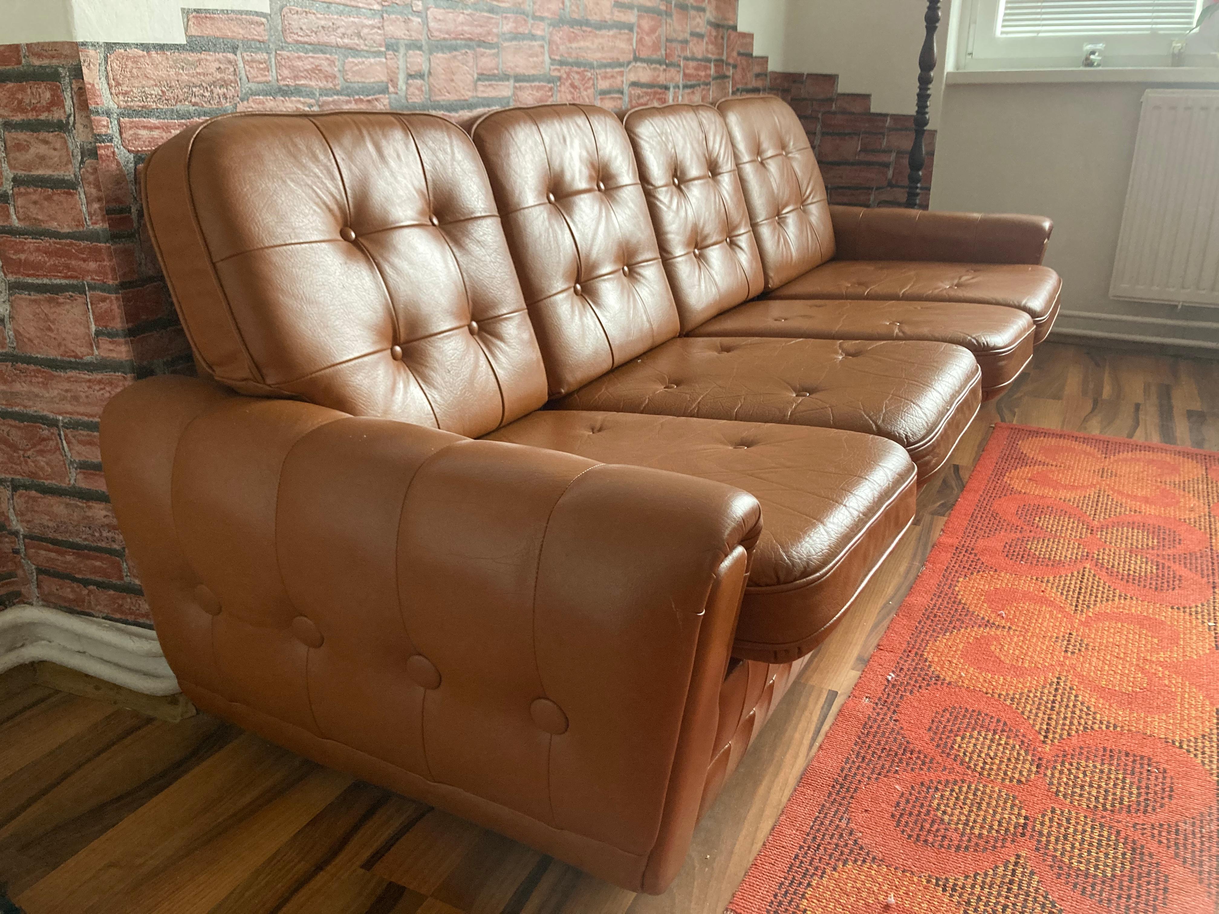 Mid-Century Modern Big Four-Seated Mid-Century Design Brown Leather Sofa, 1970s, Czechoslovakia For Sale
