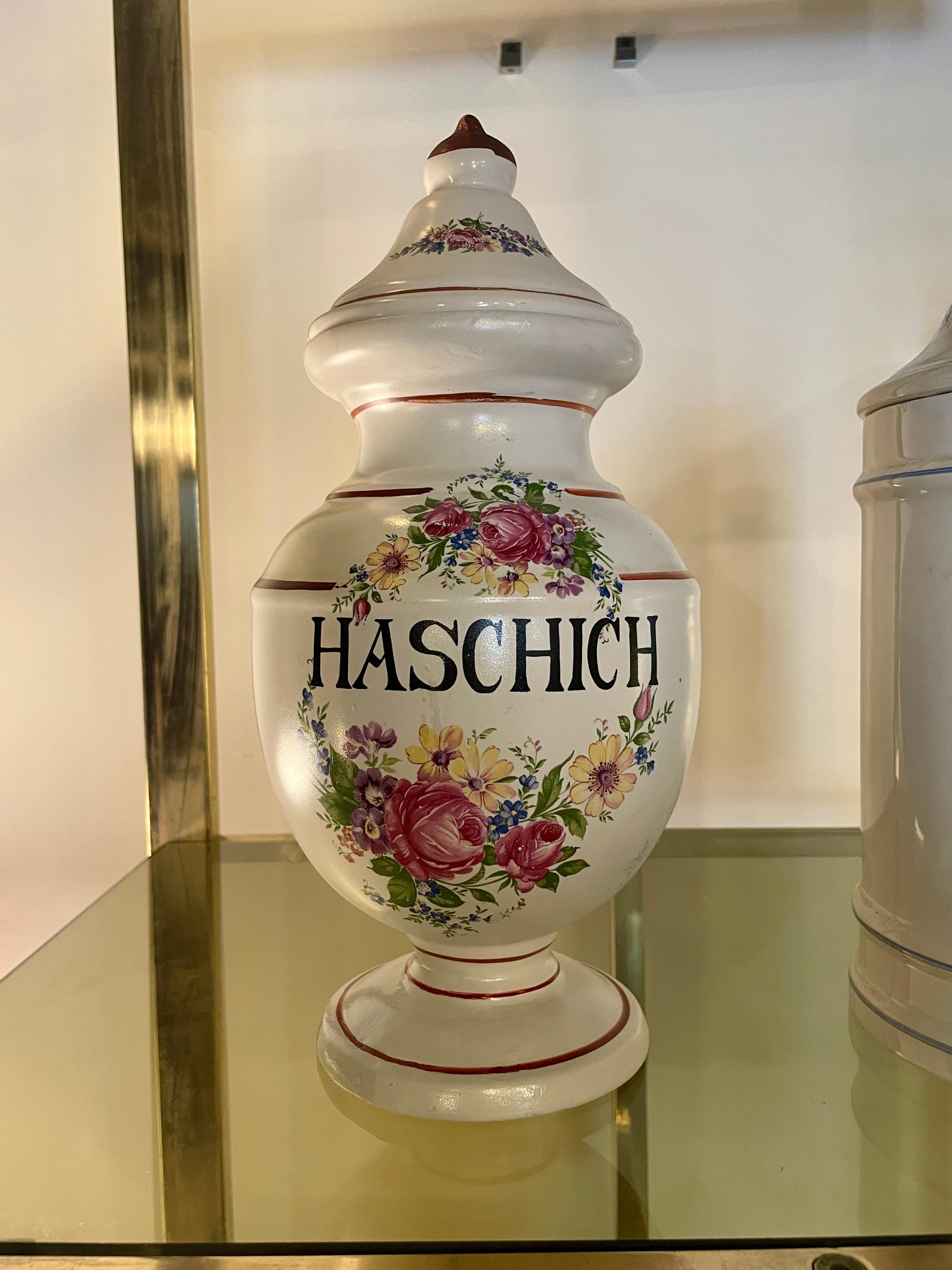 French 
« Haschich » Apothecary Jar. Very big.
1900s. France
Porcelain of Limoges.
Perfect condition.
Drug. Opium. Cocaine. Weed.
Mid-Century Modern. Vintage furniture. Italian design. 1970s. Rosenthal. Germany. Willy Rizzo. Loewy.
In the style of