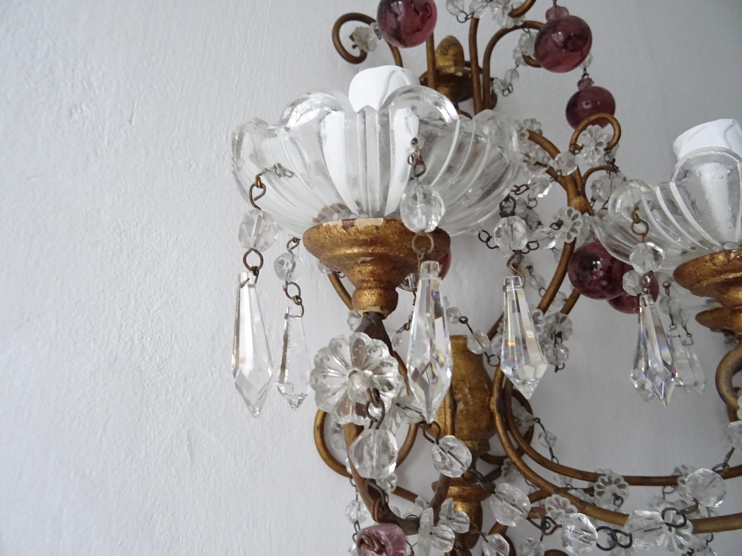 Big French Baroque Amethyst Murano Drops Beads Sconces c 1900 In Good Condition For Sale In Modena (MO), Modena (Mo)