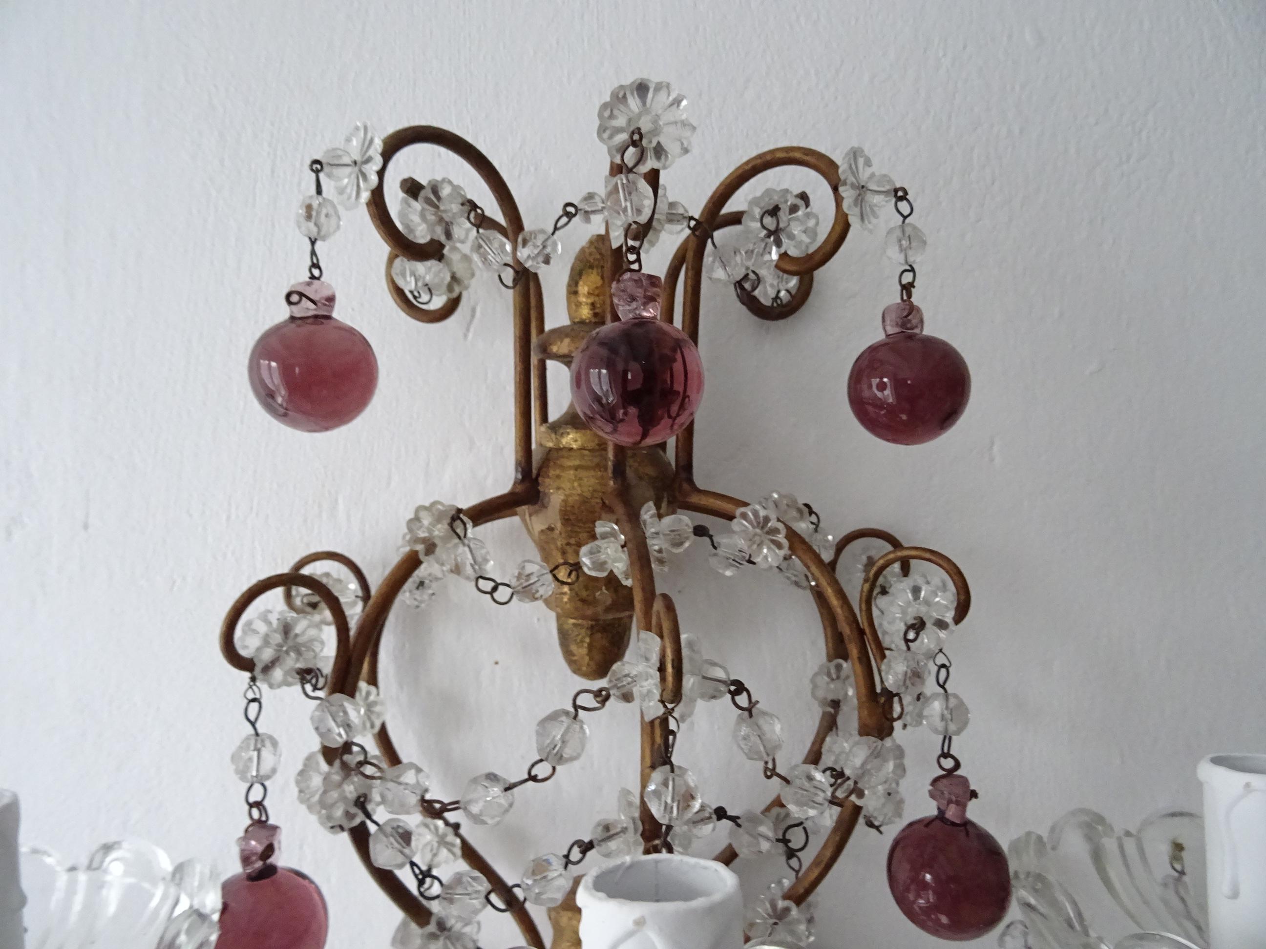 Early 20th Century Big French Baroque Amethyst Murano Drops Beads Sconces c 1900 For Sale