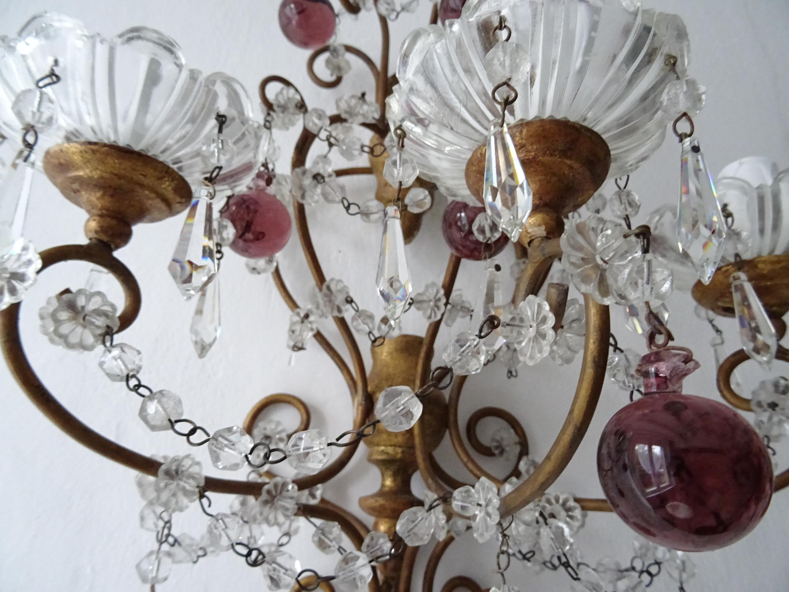 Murano Glass Big French Baroque Amethyst Murano Drops Beads Sconces c 1900 For Sale