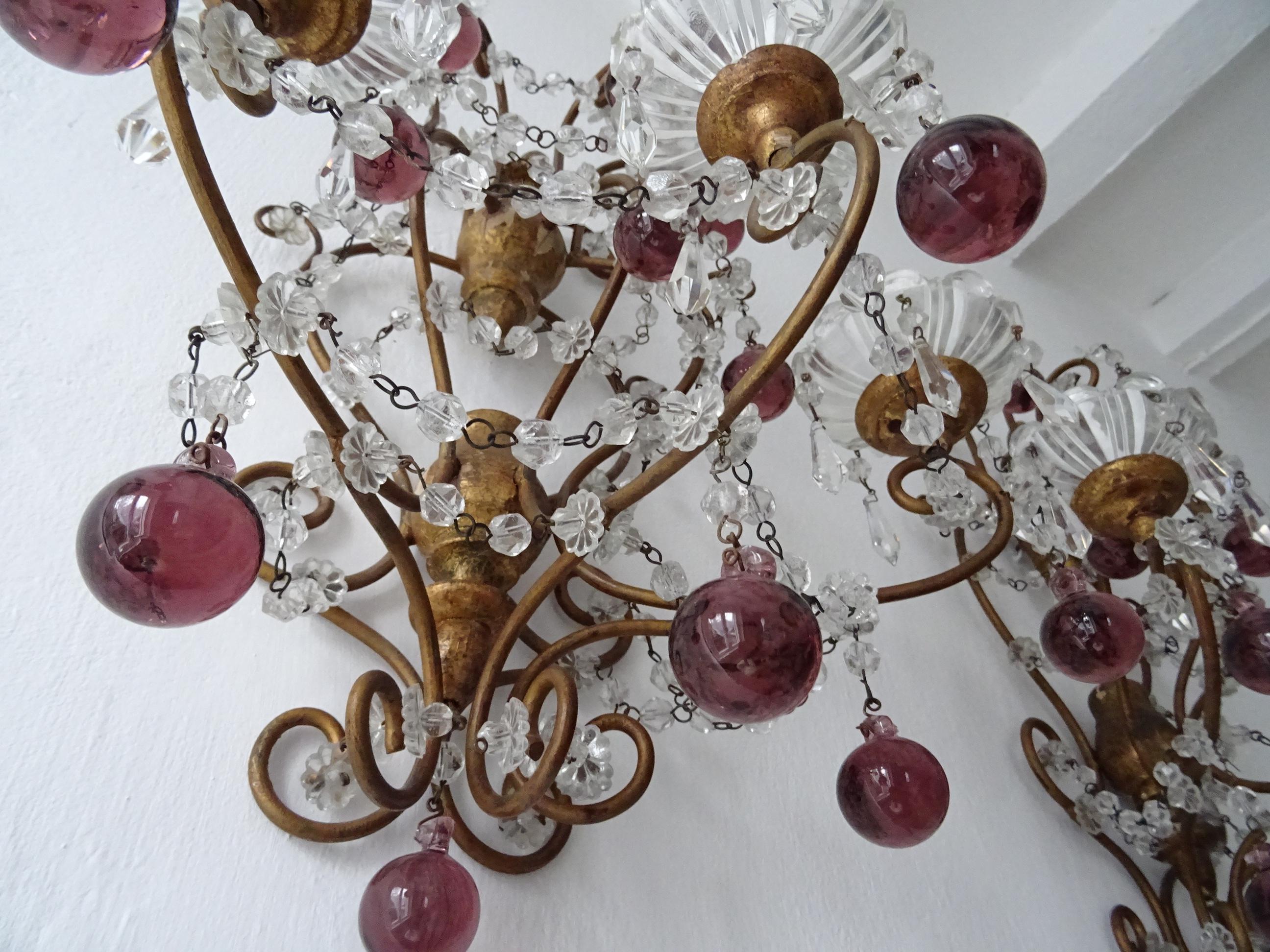 Grandes candelabros barrocos franceses de Murano con gotas de amatista c 1900 Cristal de Murano en venta