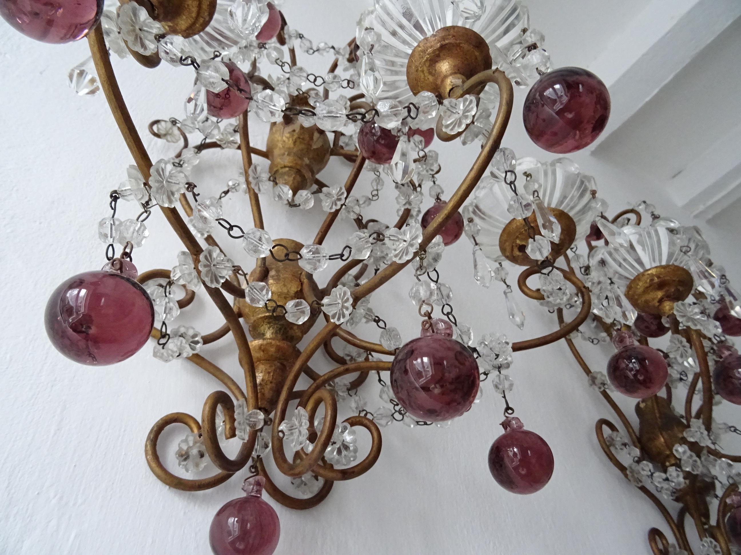 Big French Baroque Amethyst Murano Drops Beads Sconces c 1900 For Sale 2