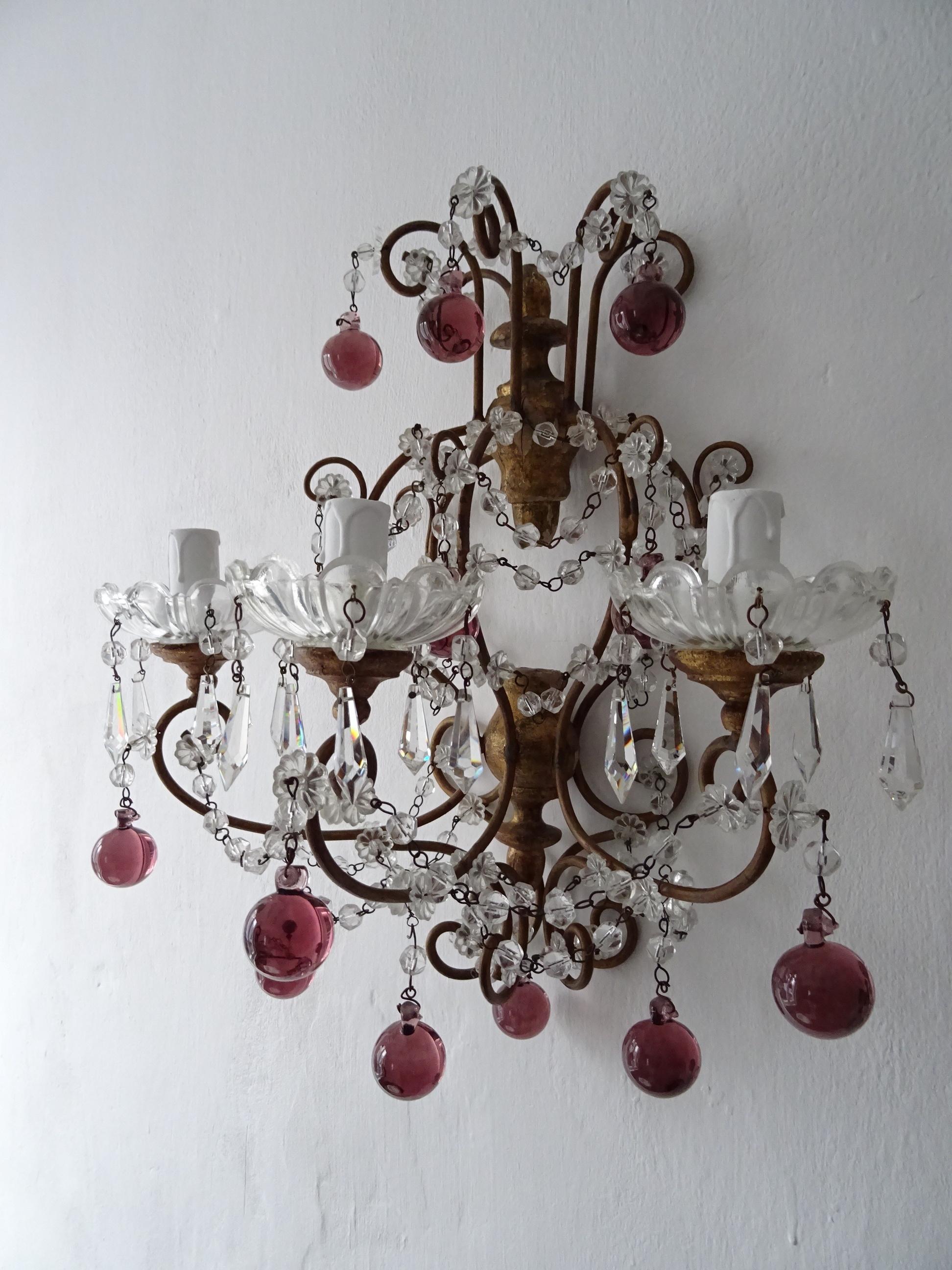 Grandes candelabros barrocos franceses de Murano con gotas de amatista c 1900 en venta 1