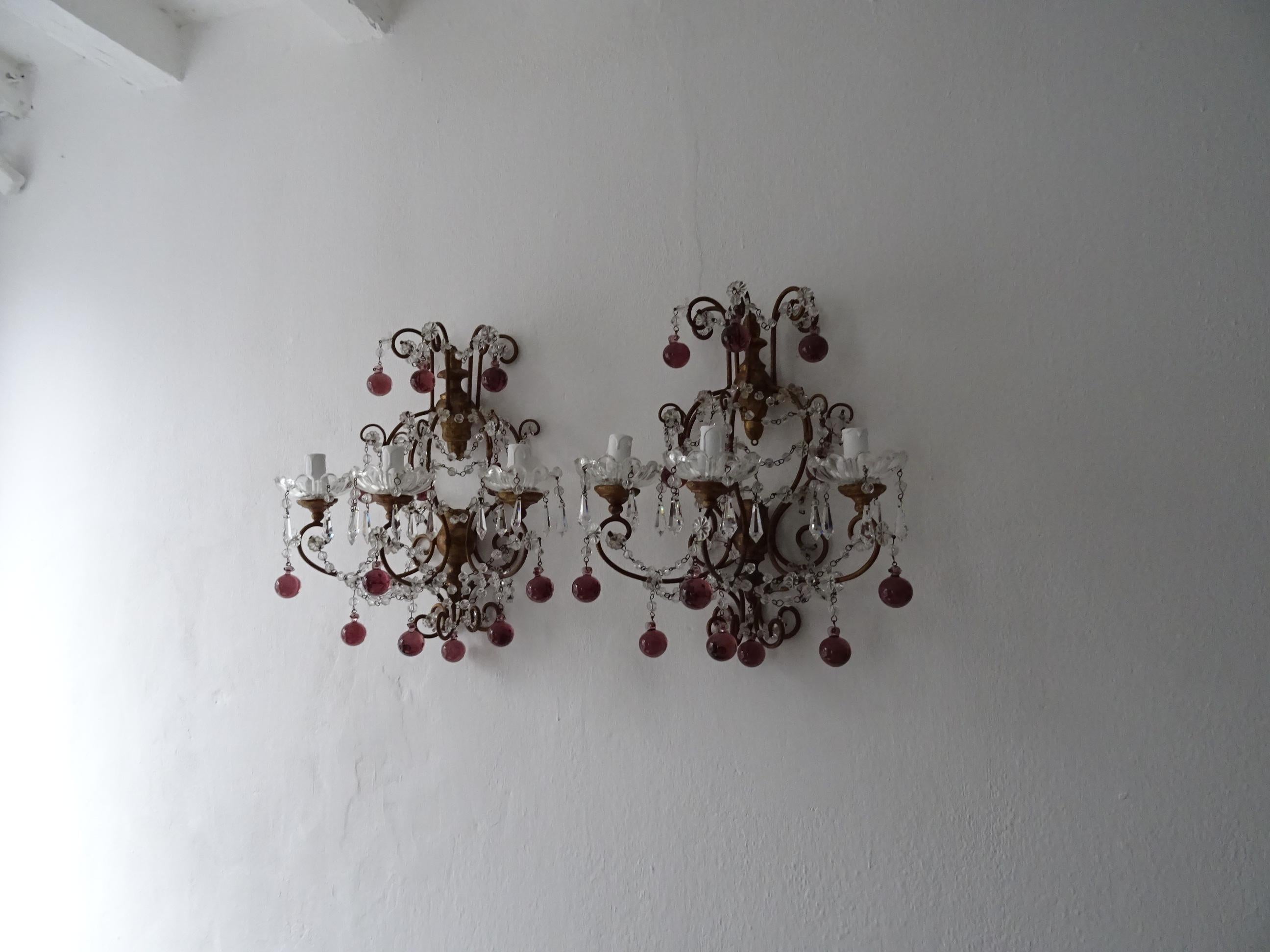 Grandes candelabros barrocos franceses de Murano con gotas de amatista c 1900 en venta 2