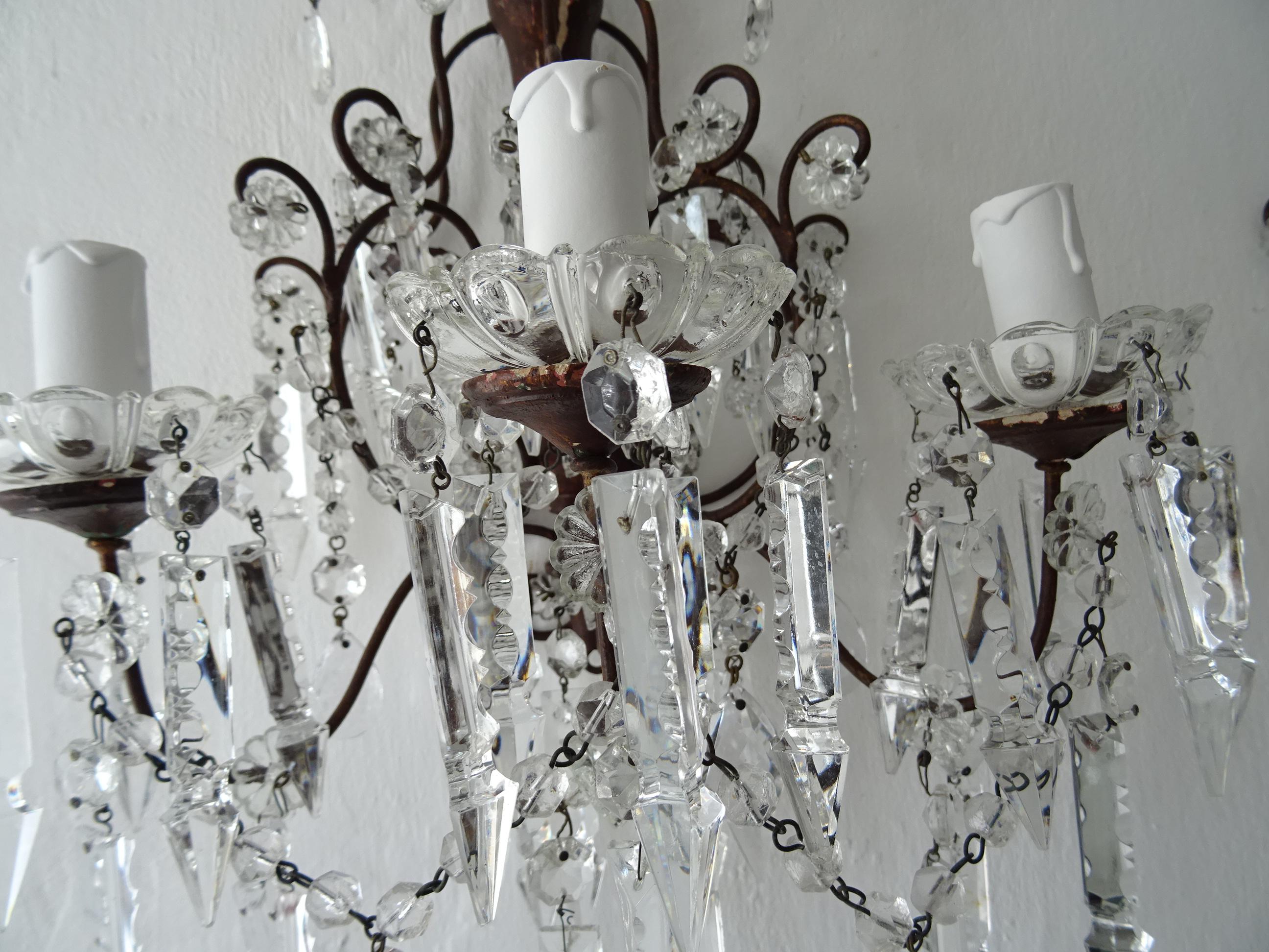 Big French Baroque Loaded Crystal Spears Prisms 3 Light  Sconces c 1900 For Sale 6