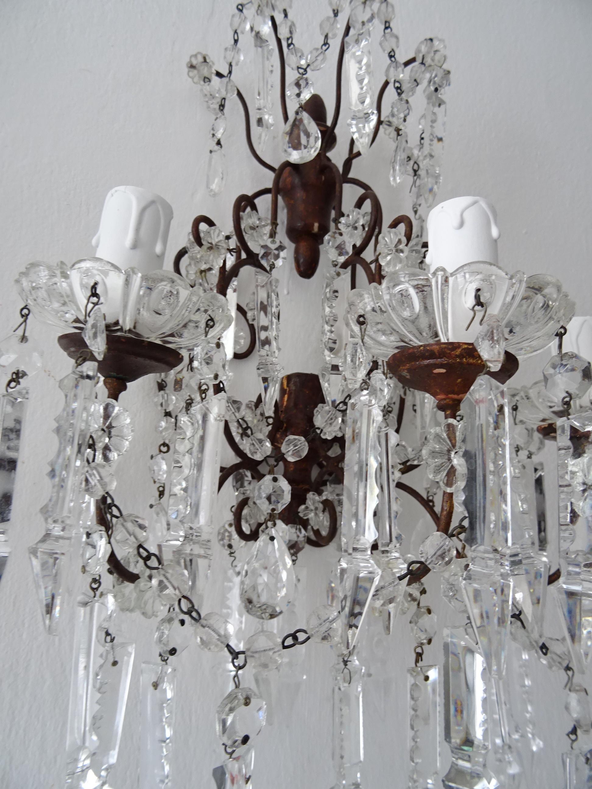 Big French Baroque Loaded Crystal Spears Prisms 3 Light  Sconces c 1900 For Sale 7