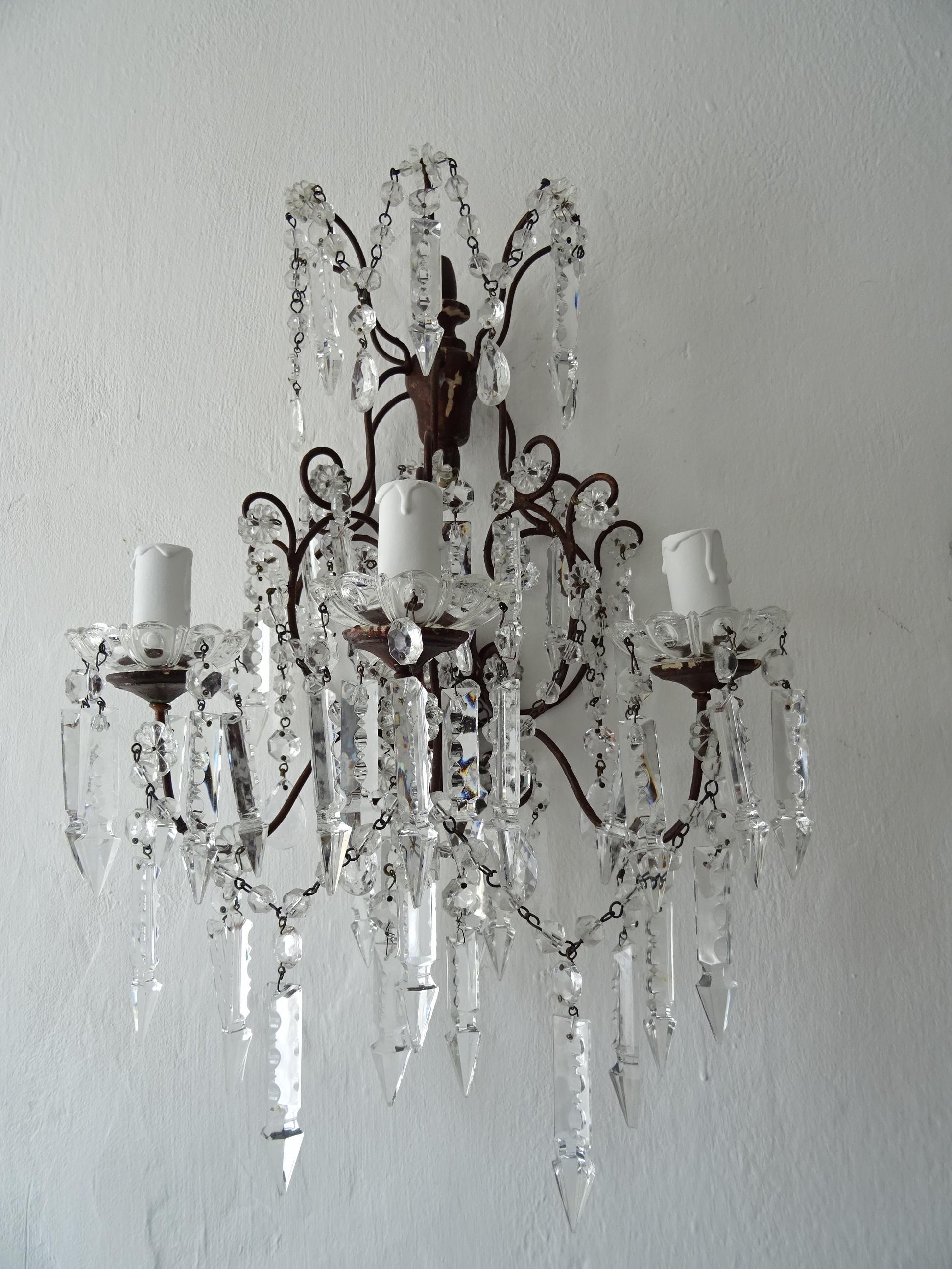 Early 20th Century Big French Baroque Loaded Crystal Spears Prisms 3 Light  Sconces c 1900 For Sale